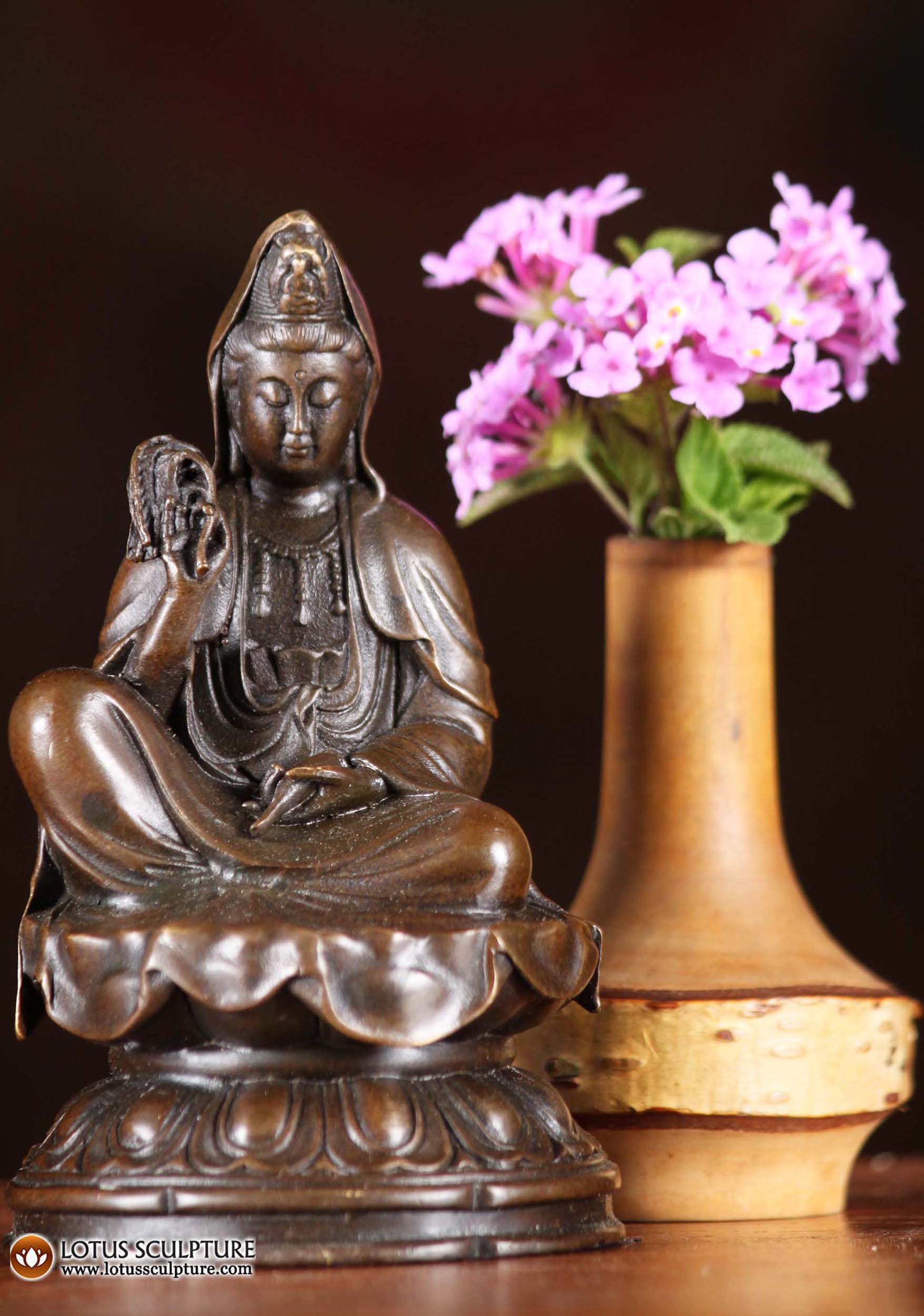 Bronze Kwan Yin with Willow Branch Statue 4.5"