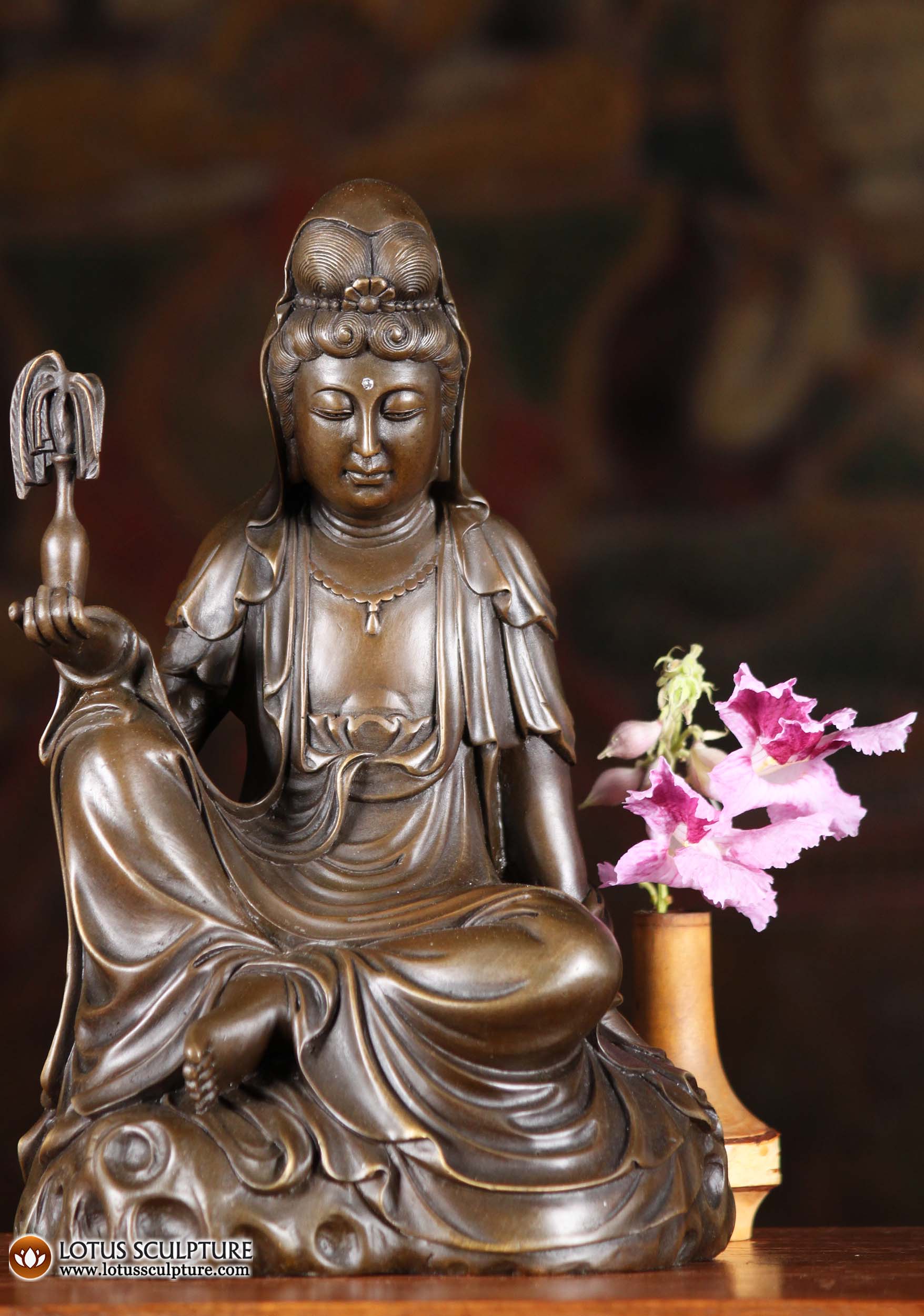 Dark Bronze Kwan Yin Bodhisattva of Compassion  Holding Overflowing Vase of Nectar Statue 10"