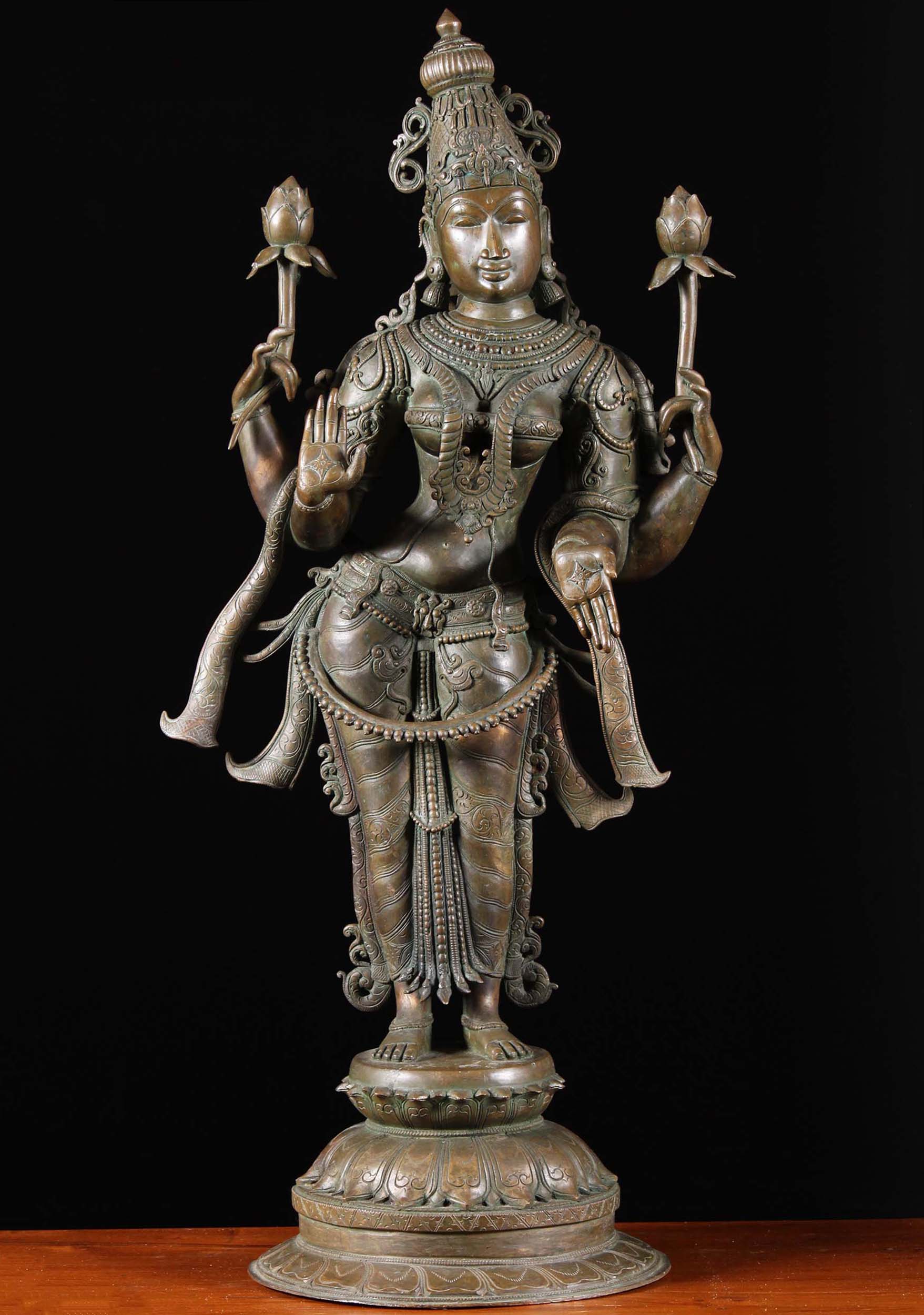 Bronze Lakshmi Murti Holding Lotus Flowers 40"