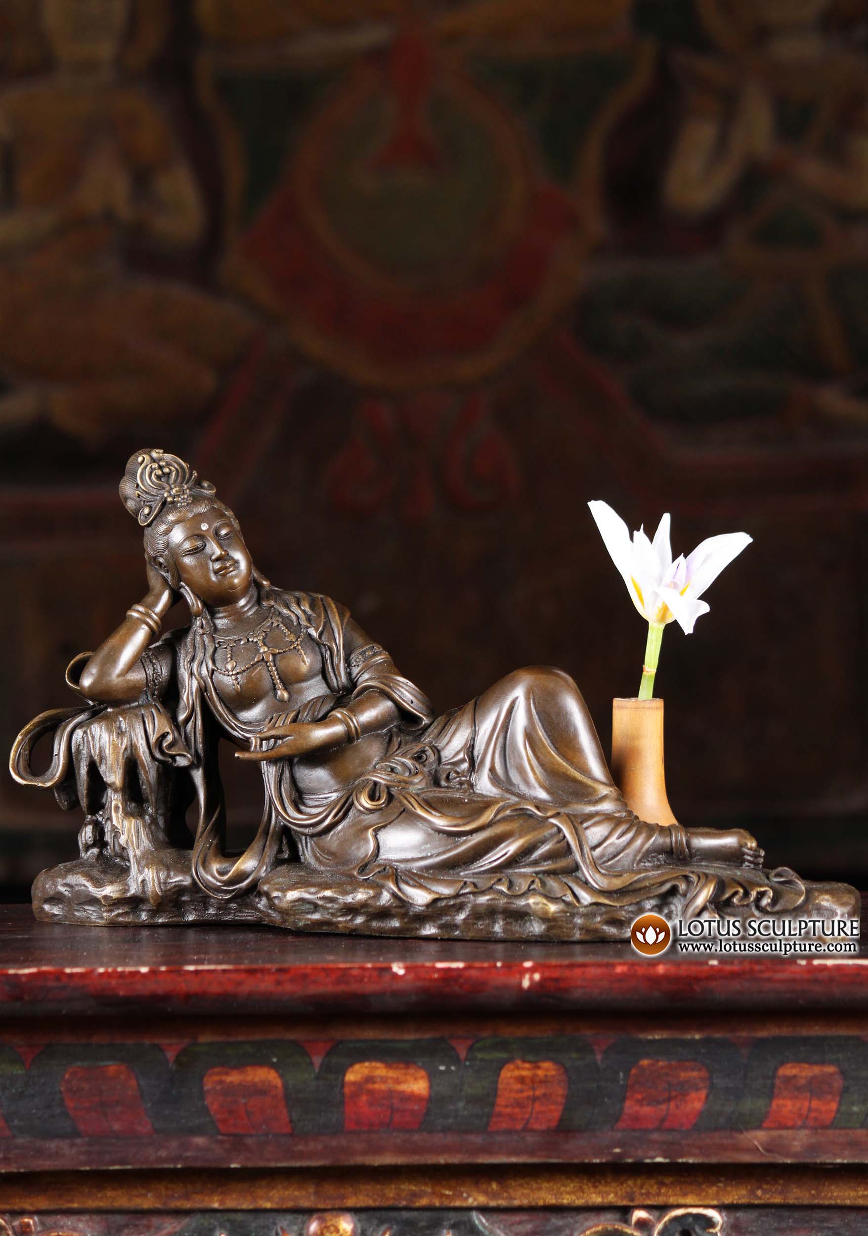 Bronze Bodhitsattva Avalokiteshvara Statue Laying Down in Relaxed Position 12"