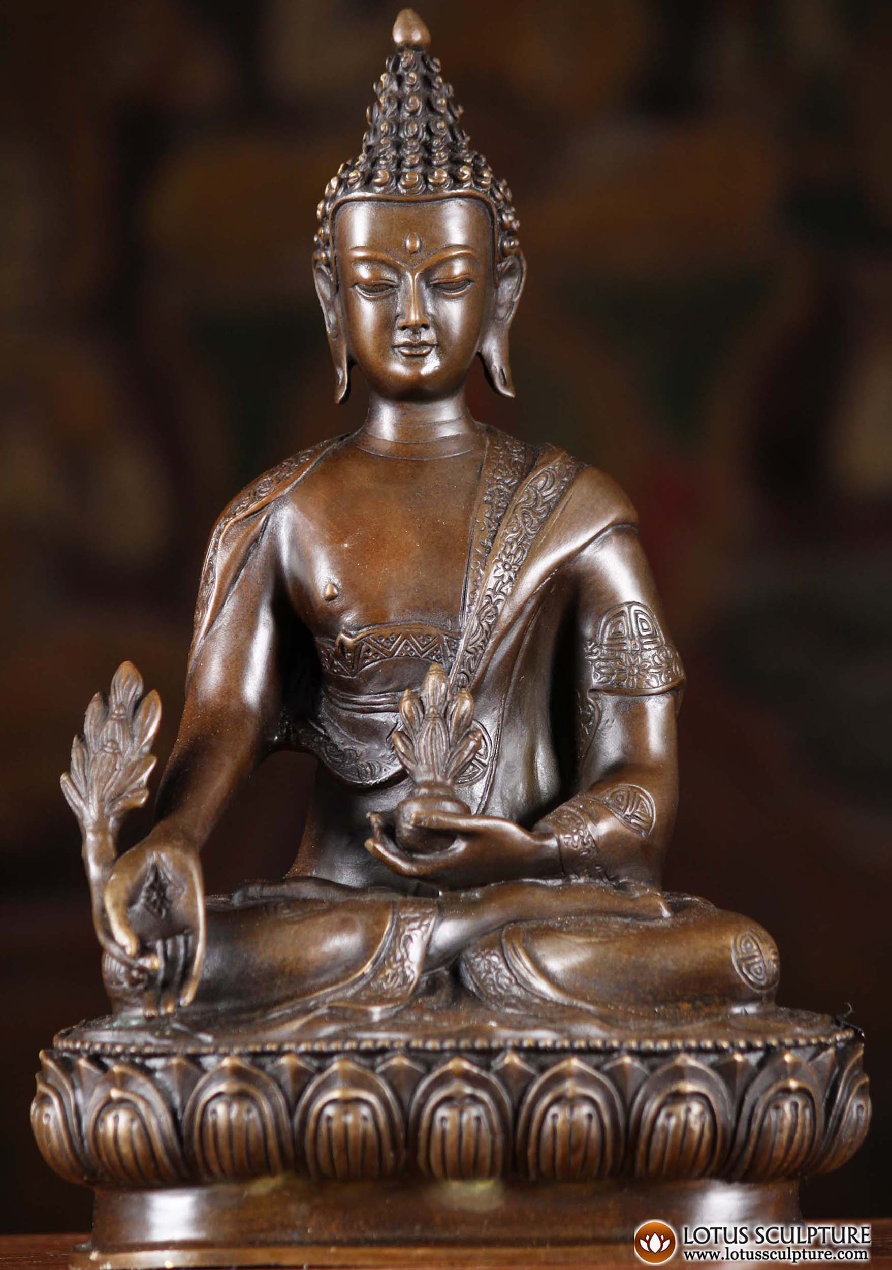 Bronze Medicine Buddha Sculpture Holding Alms Bowl & the Healing Sprig of Myrobalan 10"