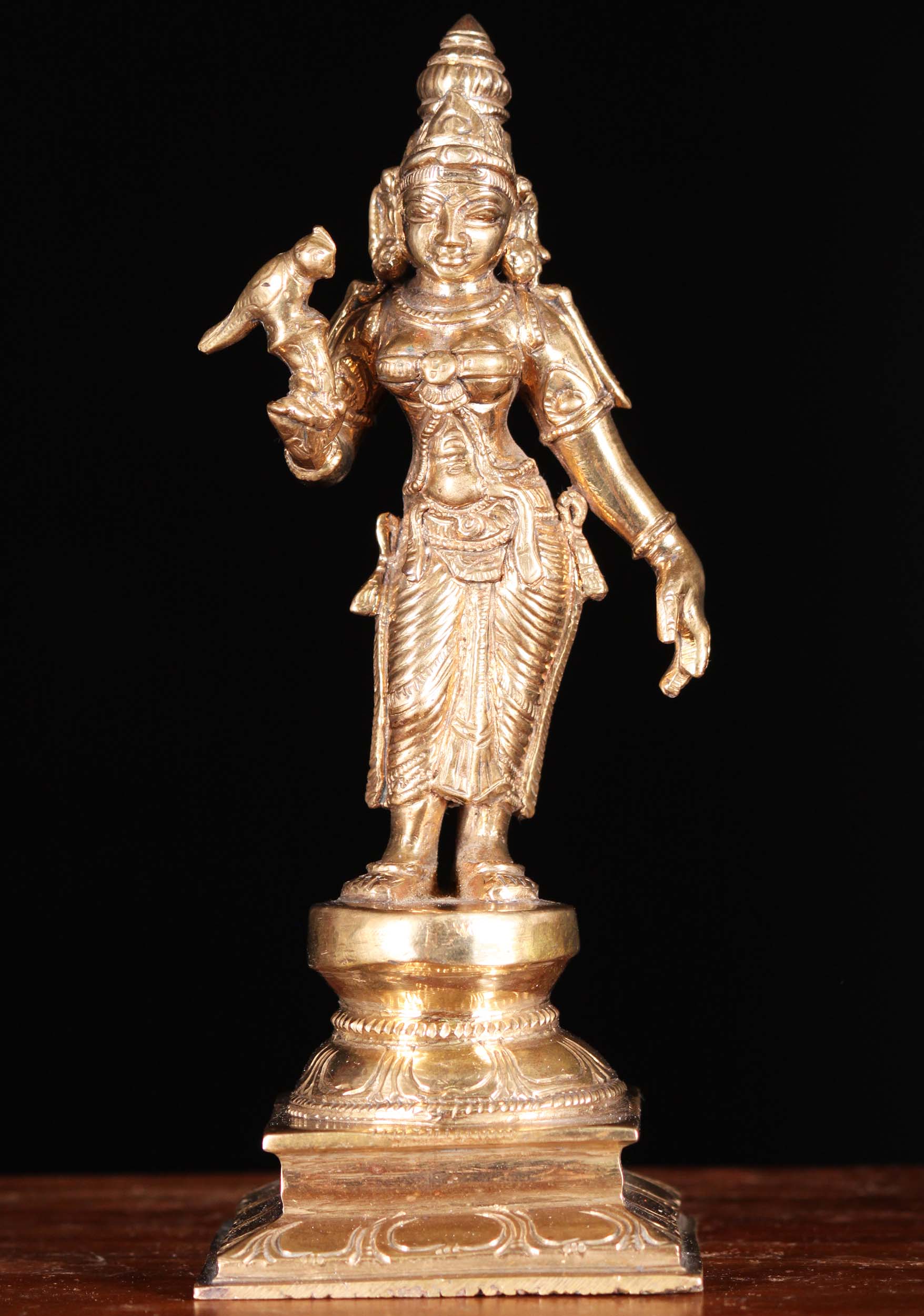 Bronze Meenakshi Statue Holding Parrot 7"