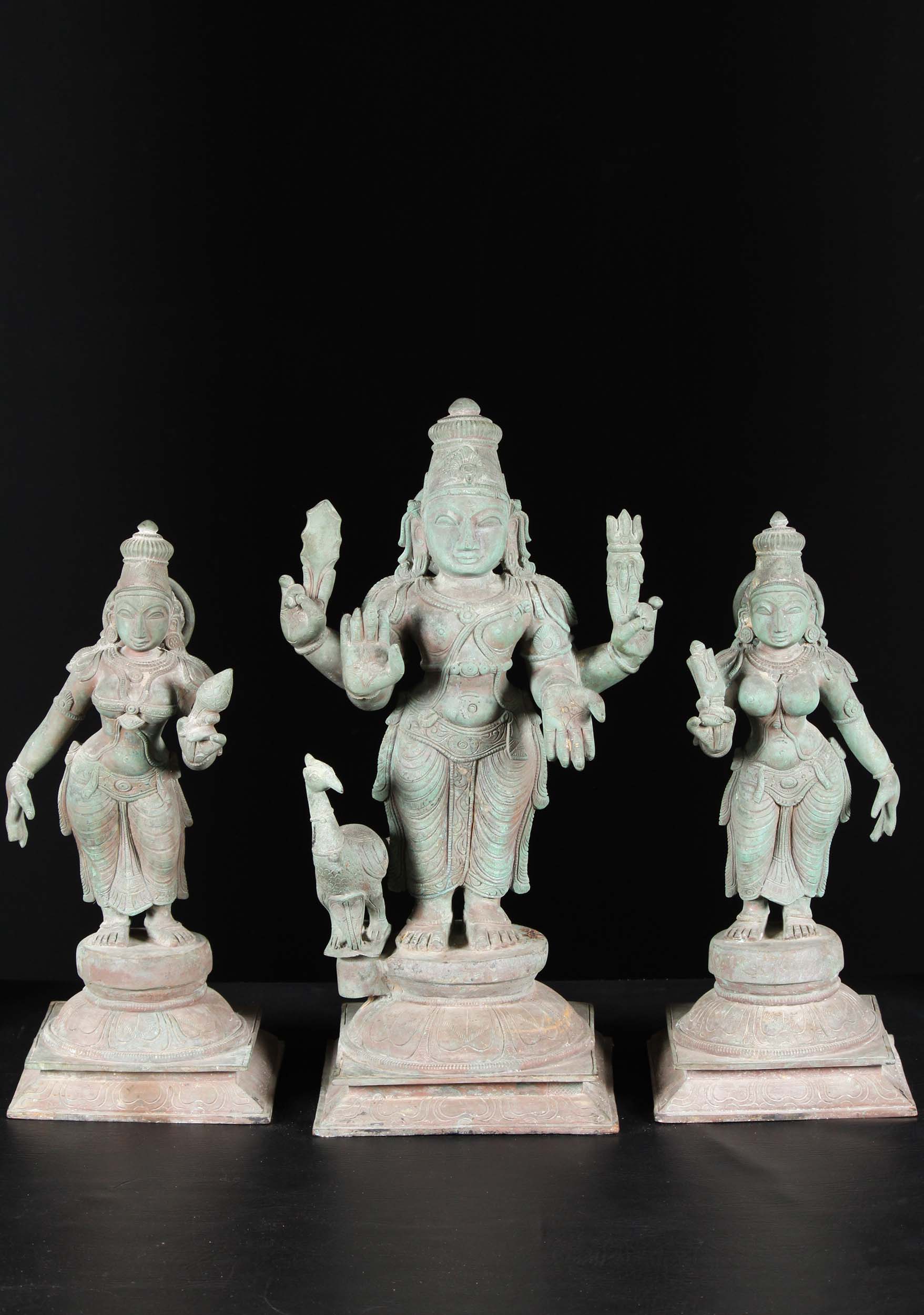 Bronze Antique Murugan with Valli & Devasena 21"