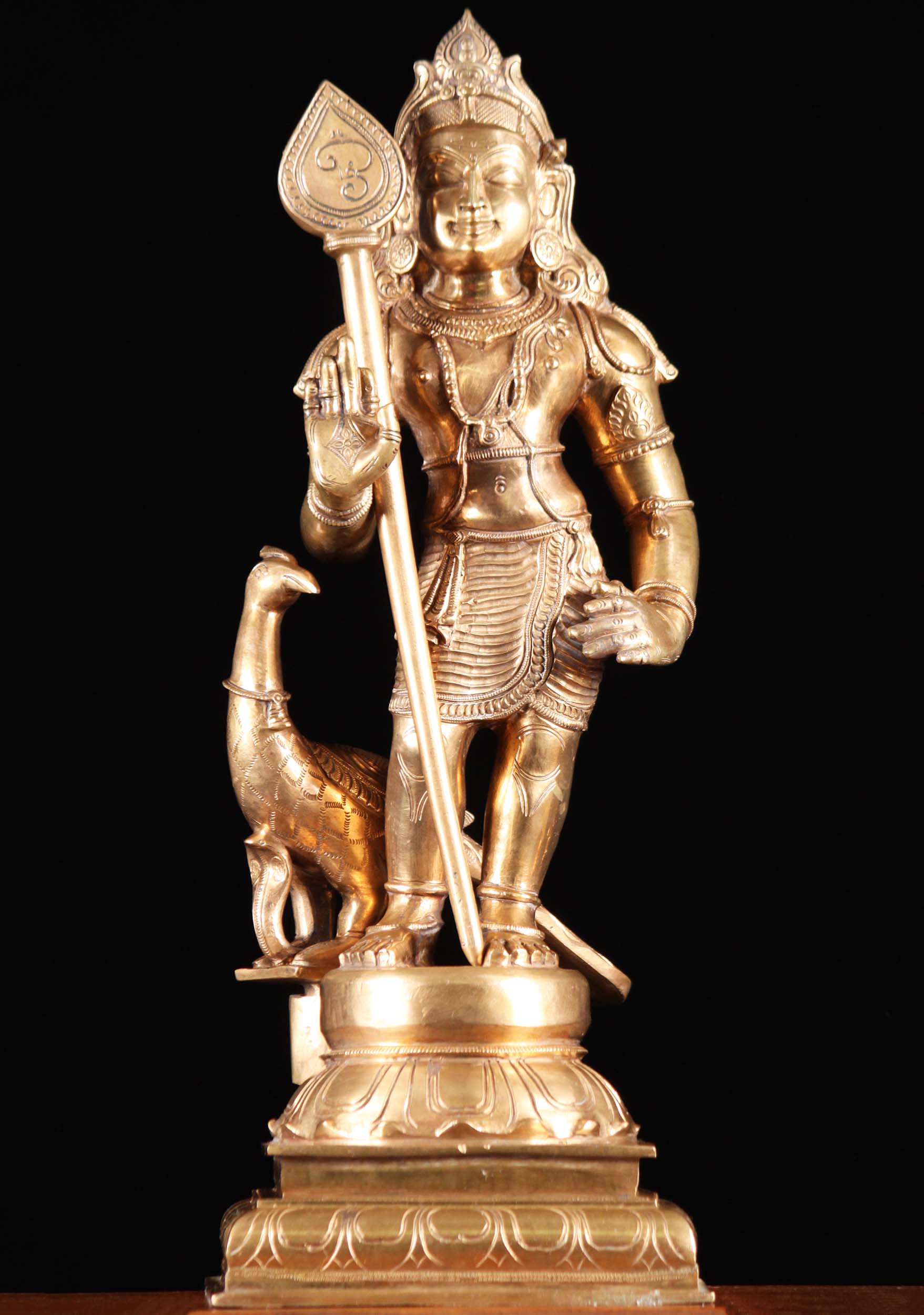 Bronze Murugan Statue with Peacock & Spear 23"