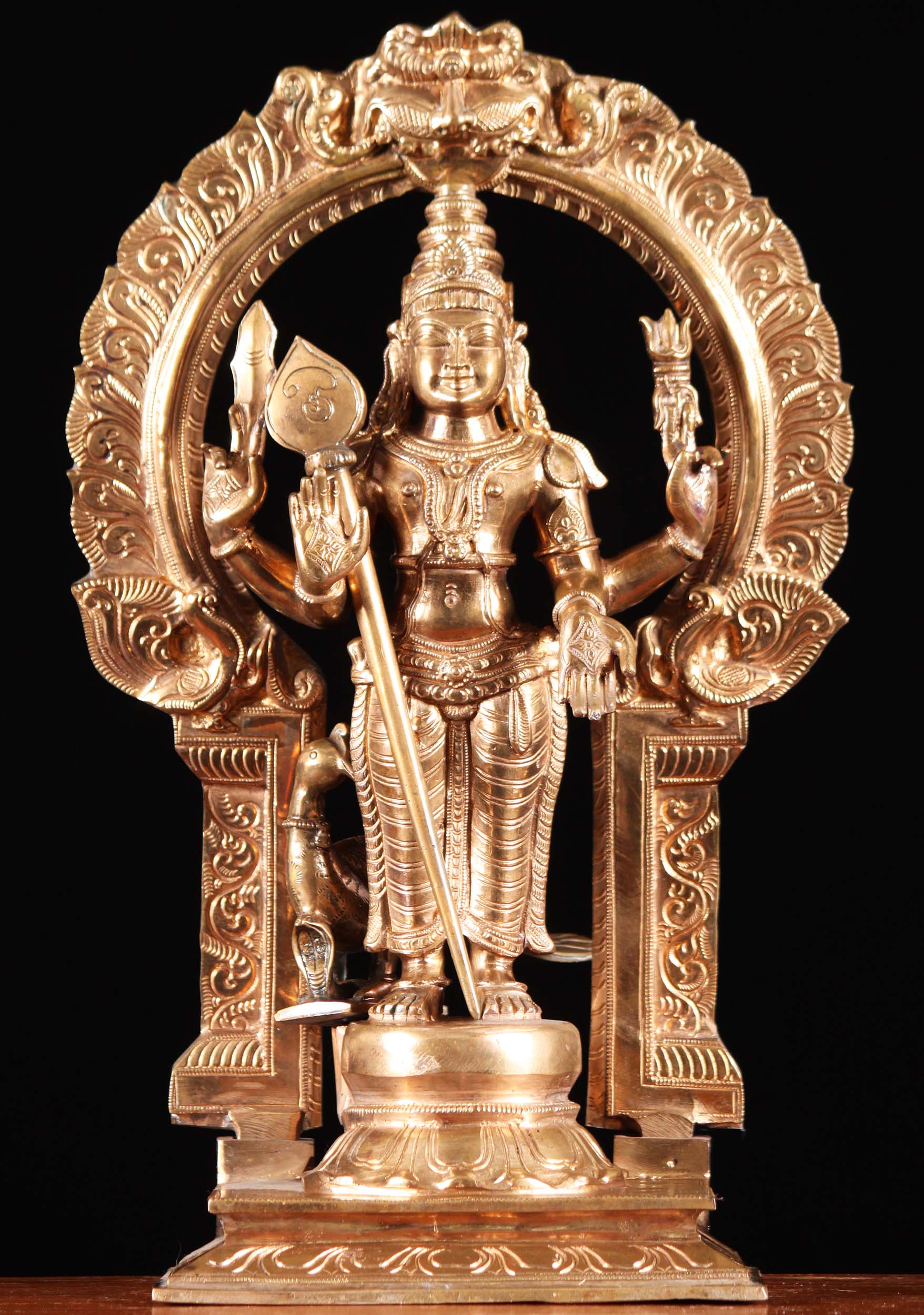 Bronze Murugan Statue with Peacock & Spear 17"