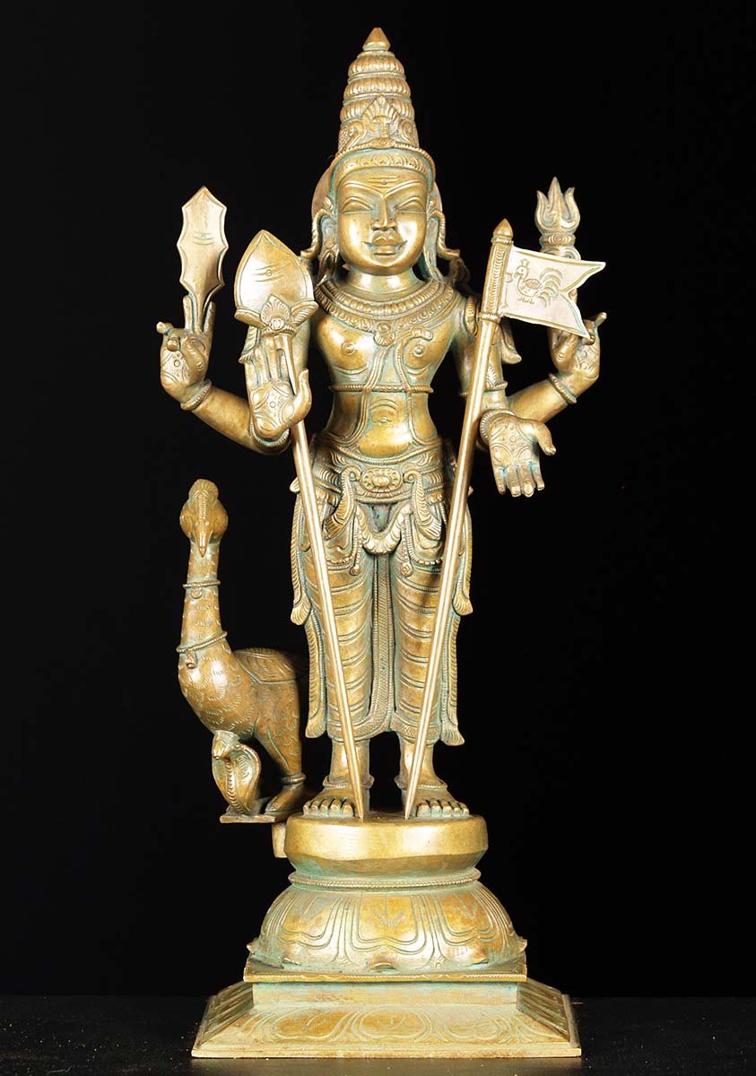 Bronze Murugan Statue with Peacock & Vel 21"