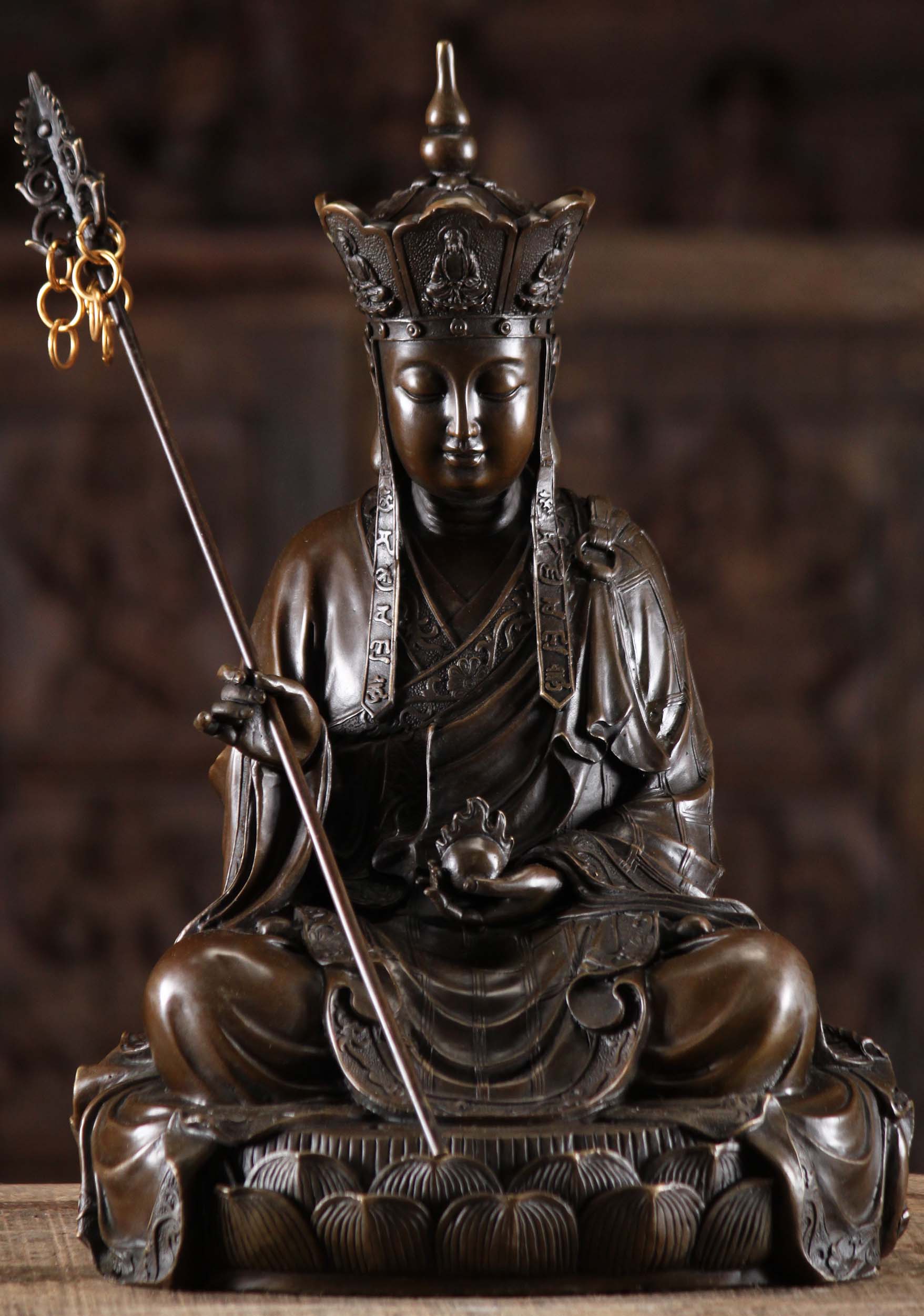 Bronze Padmasambhava Holding Tantric Staff 16"