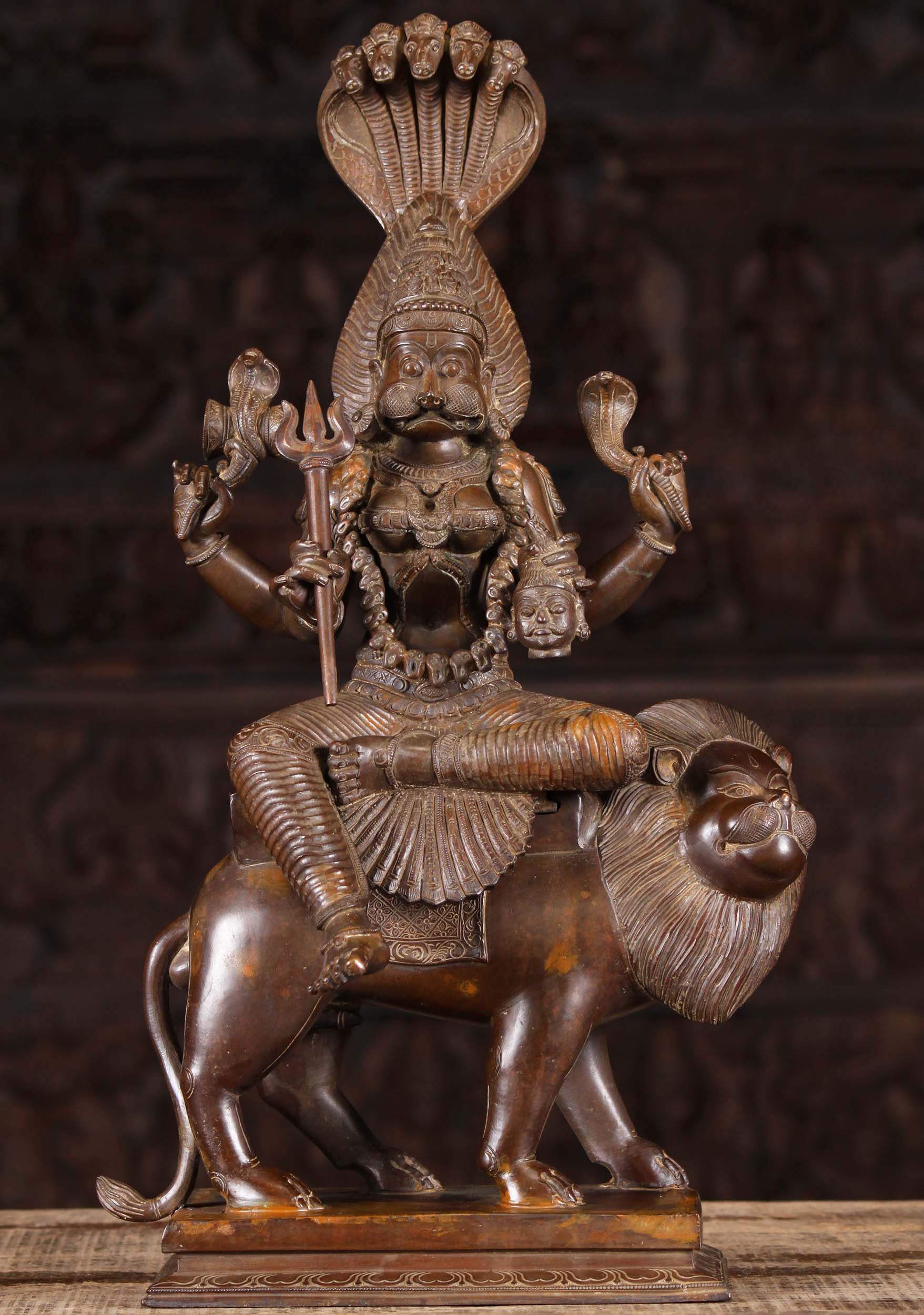 Bronze Pratyingira Devi Statue Riding Lion 20"