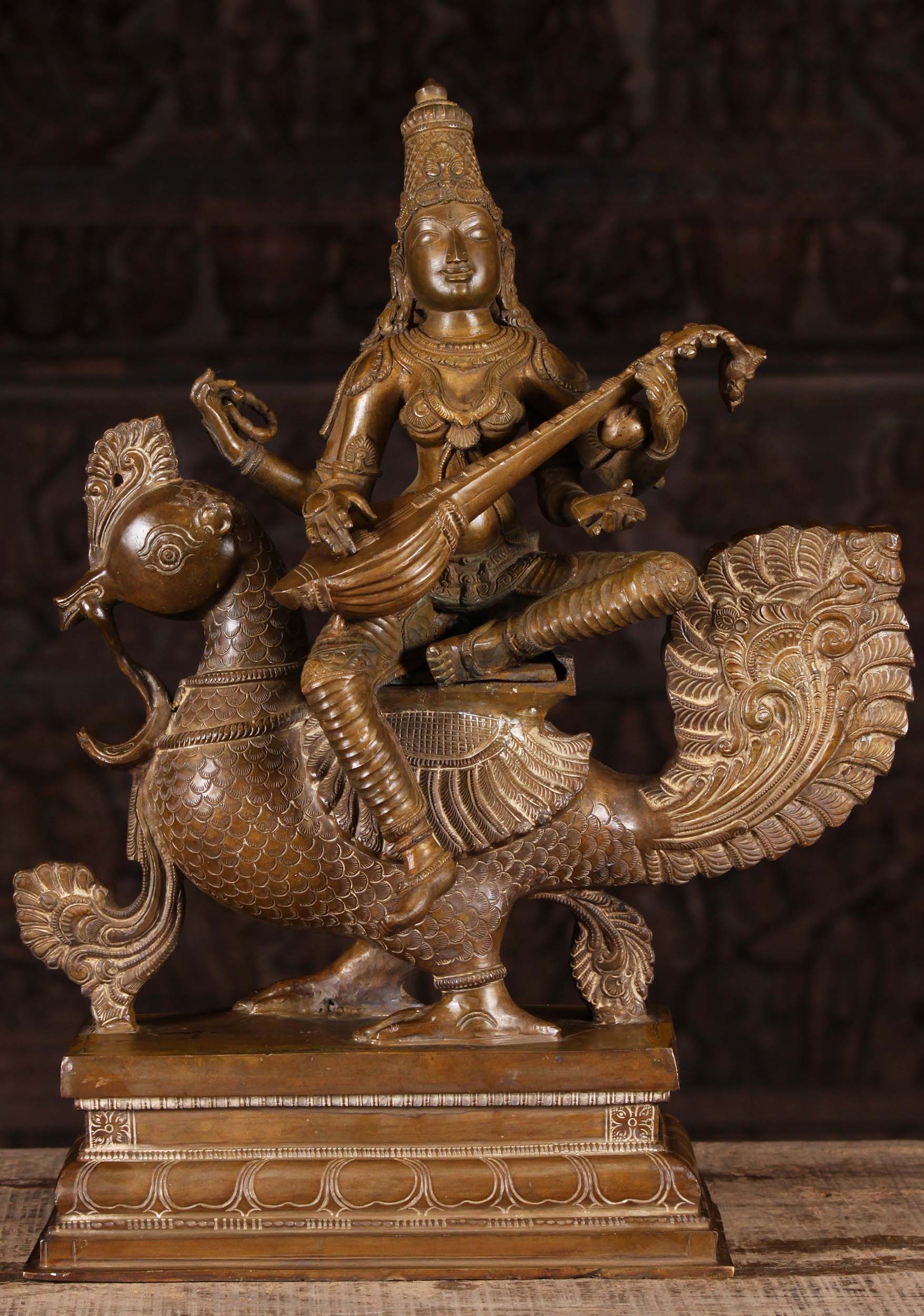 Bronze Saraswati Playing Veena & Riding Swan 19"