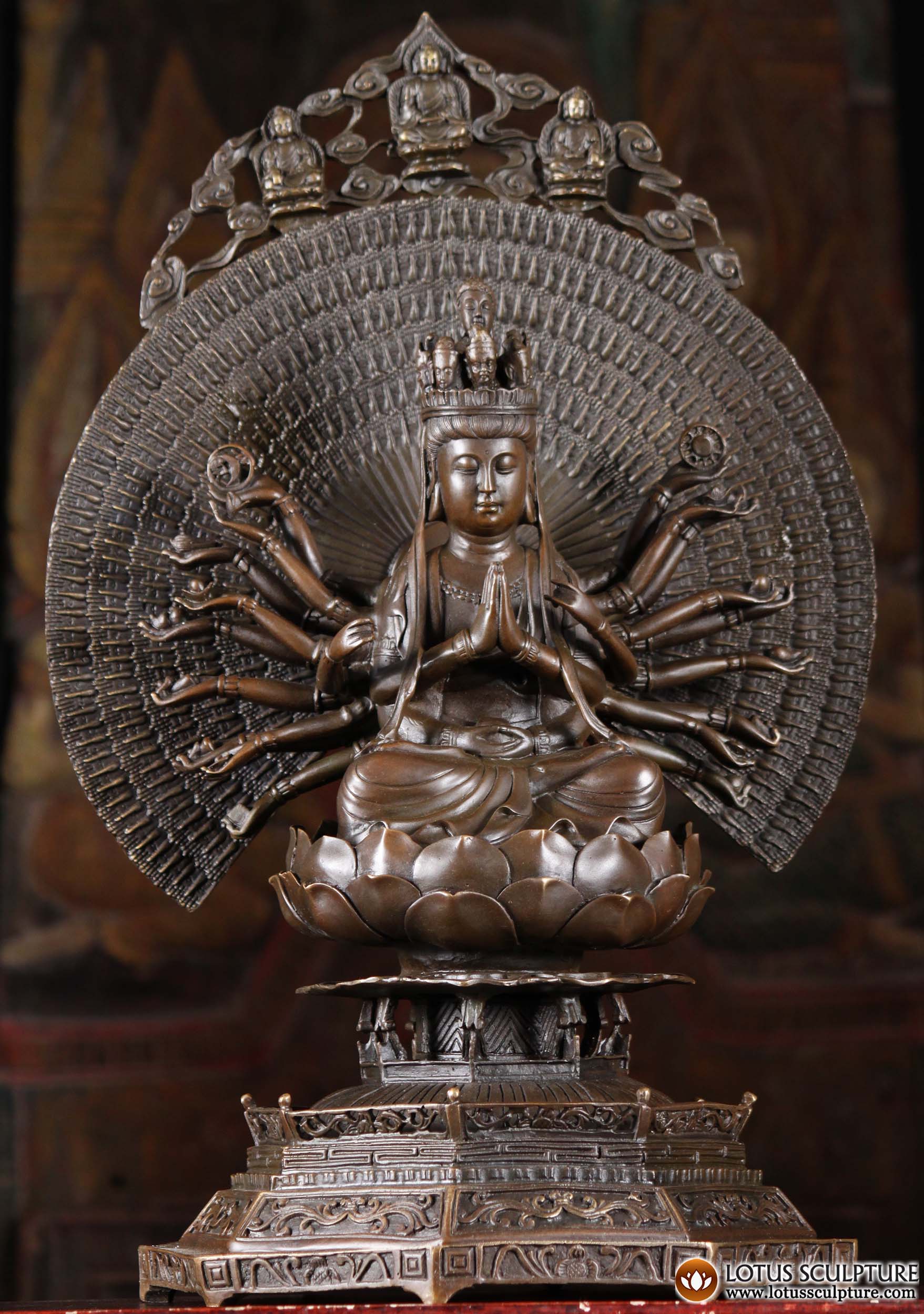 Bronze Statue of Avalokiteshvara on Lotus with 1000 Arms The Bodhisattva of Compassion 20"