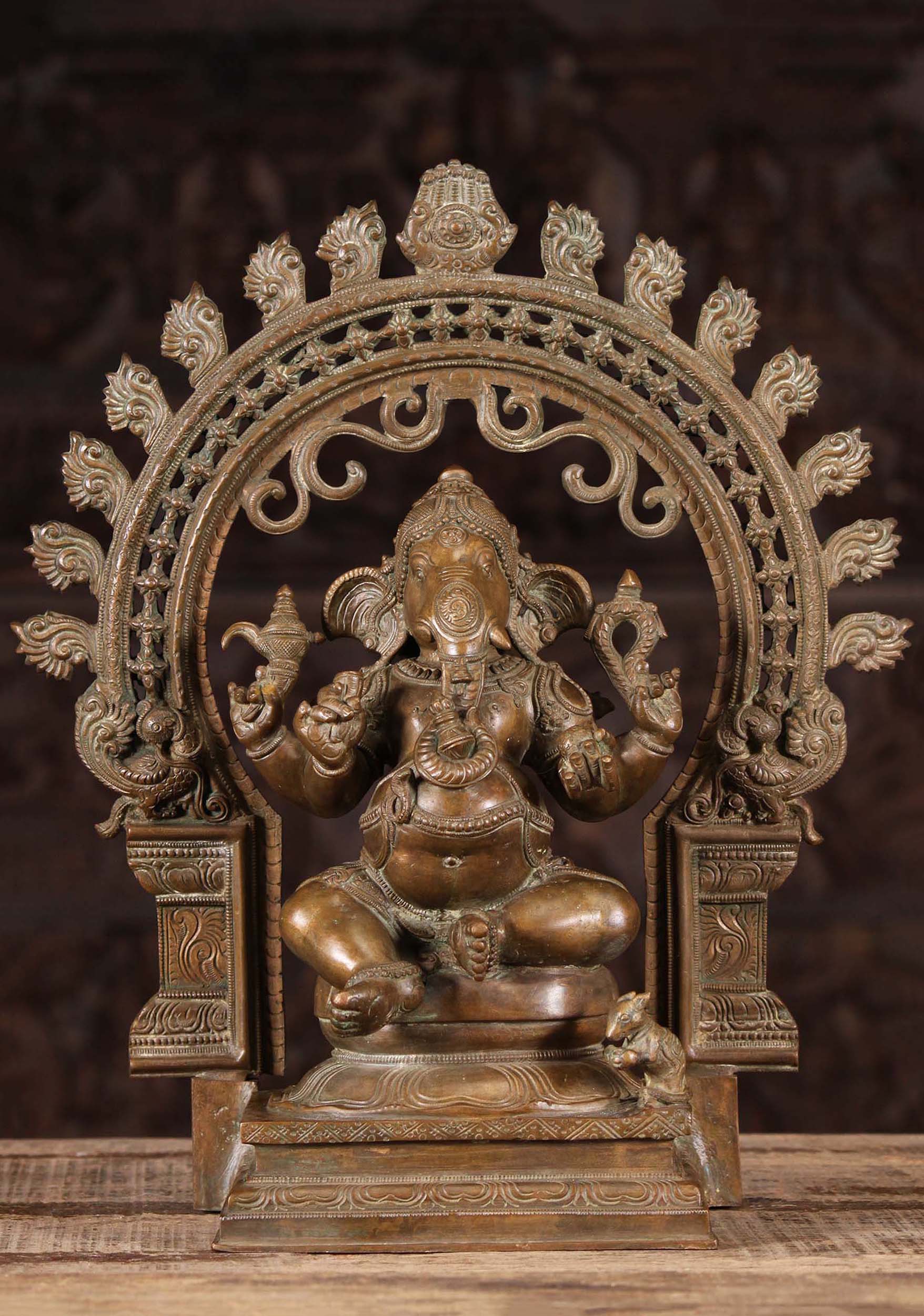 Bronze Seated Ganesha Murti with Mooshika 16"