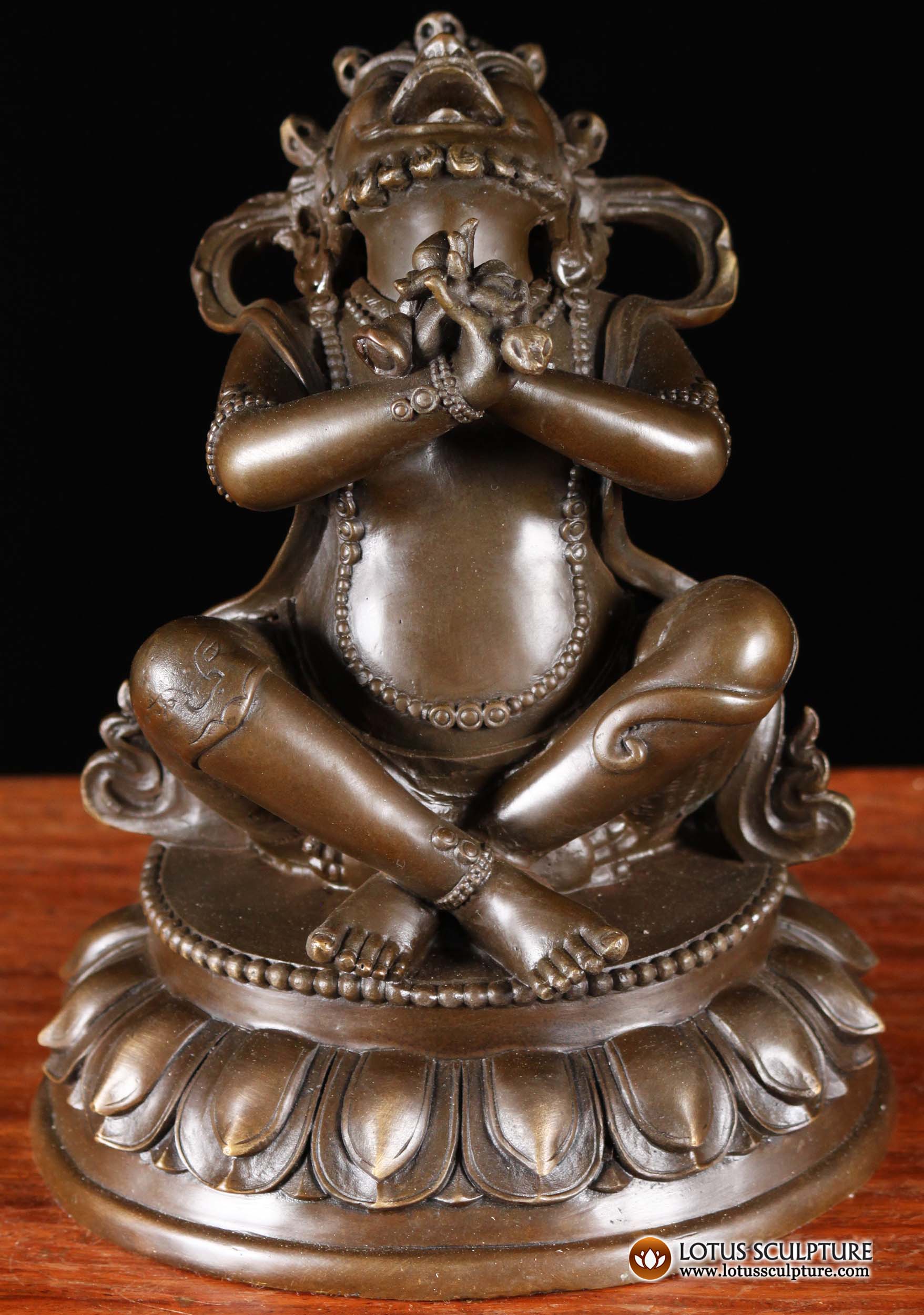 Bronze Seated Mahakala Statue with Head back & Mouth Open Holding Bell & Dorje 7"