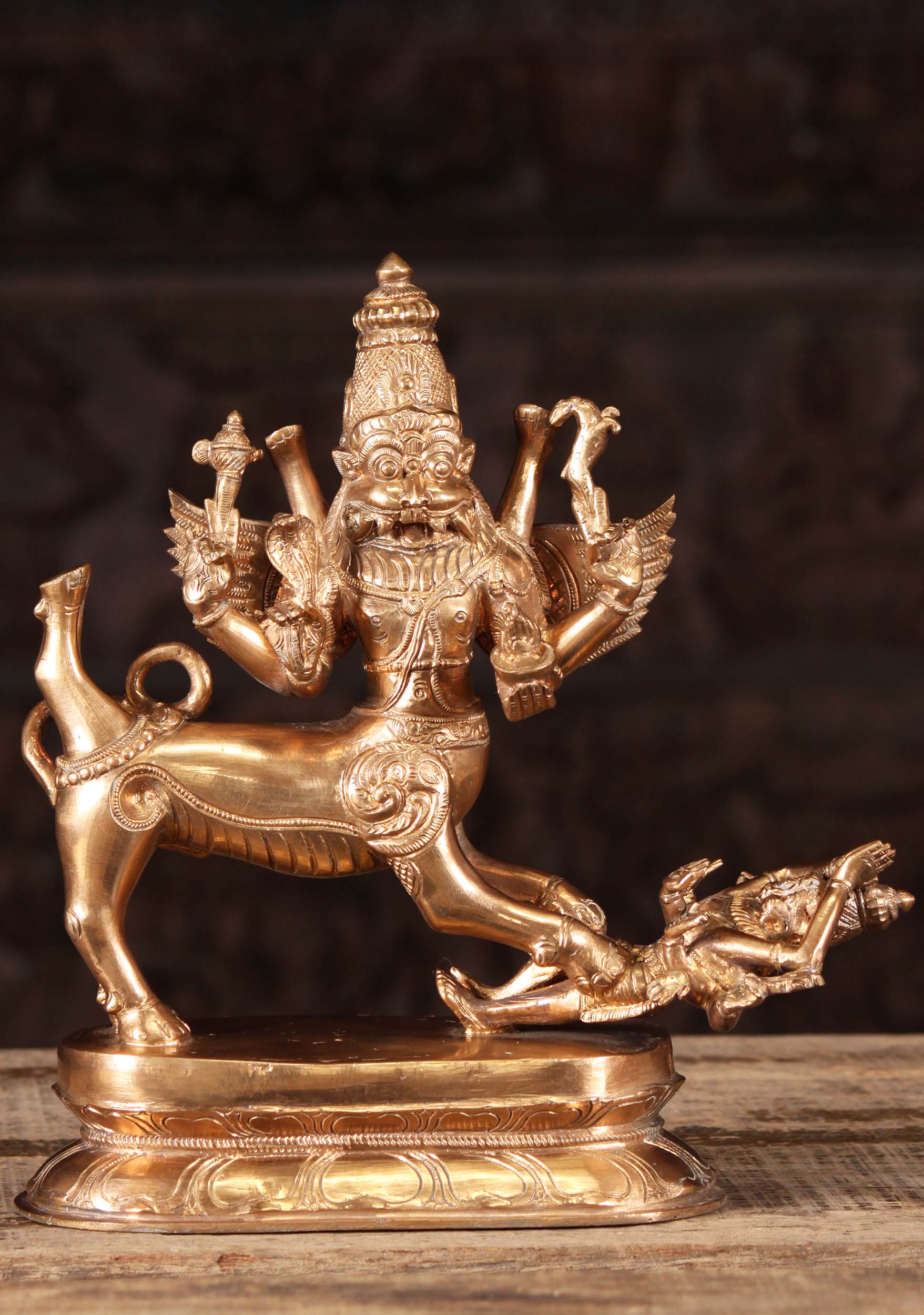 Sharabha Statue Pacifying Narasimha on Lotus Base Unique Polished South Indian Bronze 12"