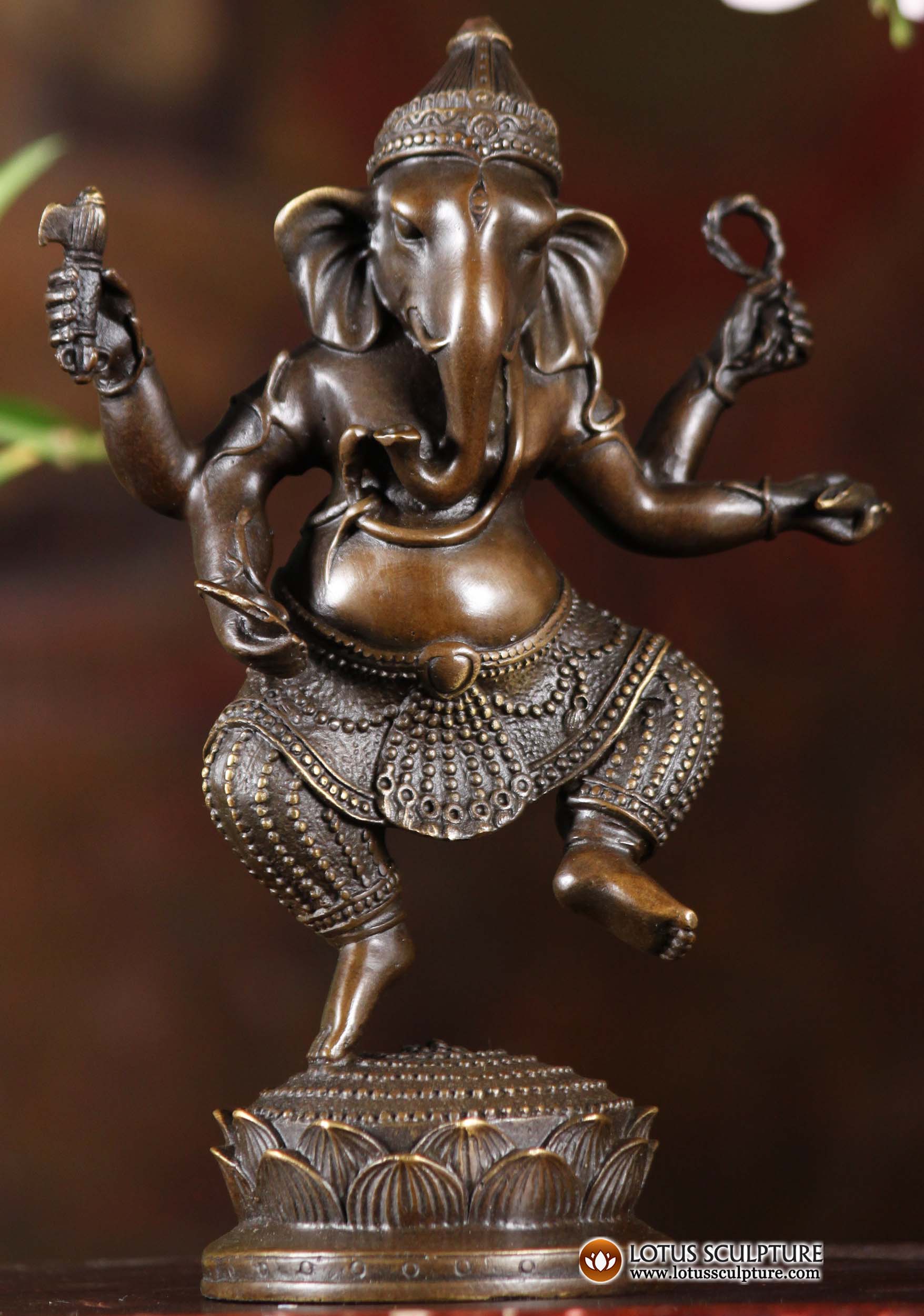 Bronze Ganesha Statue Dancing on Circular Lotus Base Holding Tusk, Goad, Noose & Conch 8"