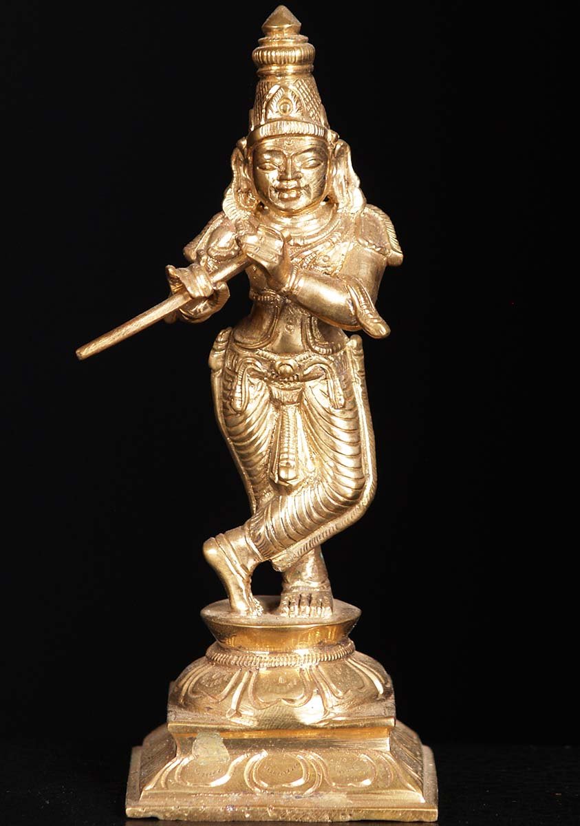 Small South Indian Bronze Golden Gopal Krishna Statue Standing on Lotus Base 6"