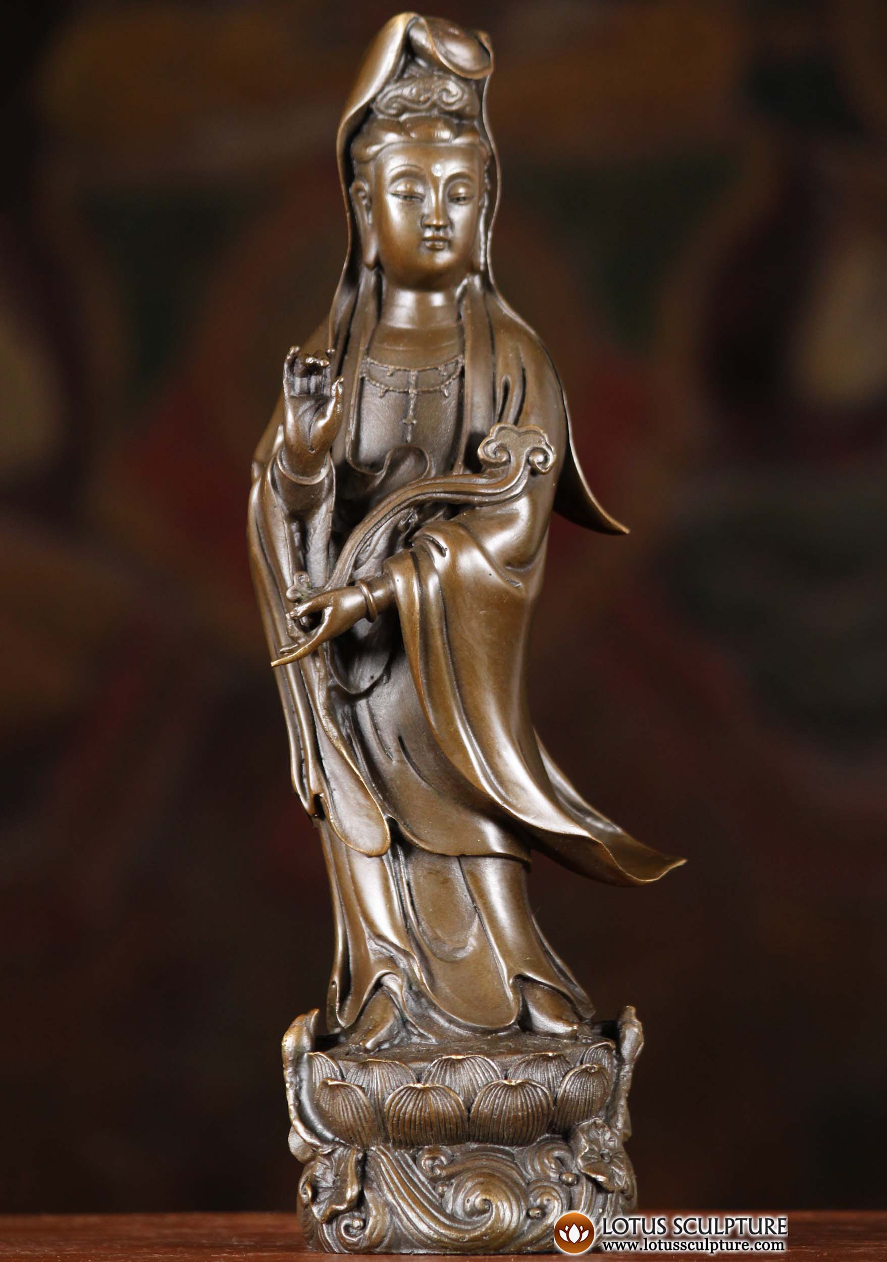 SOLD Bronze Statue of Kwan Yin Holding Wish Stick 10" (101cb48a