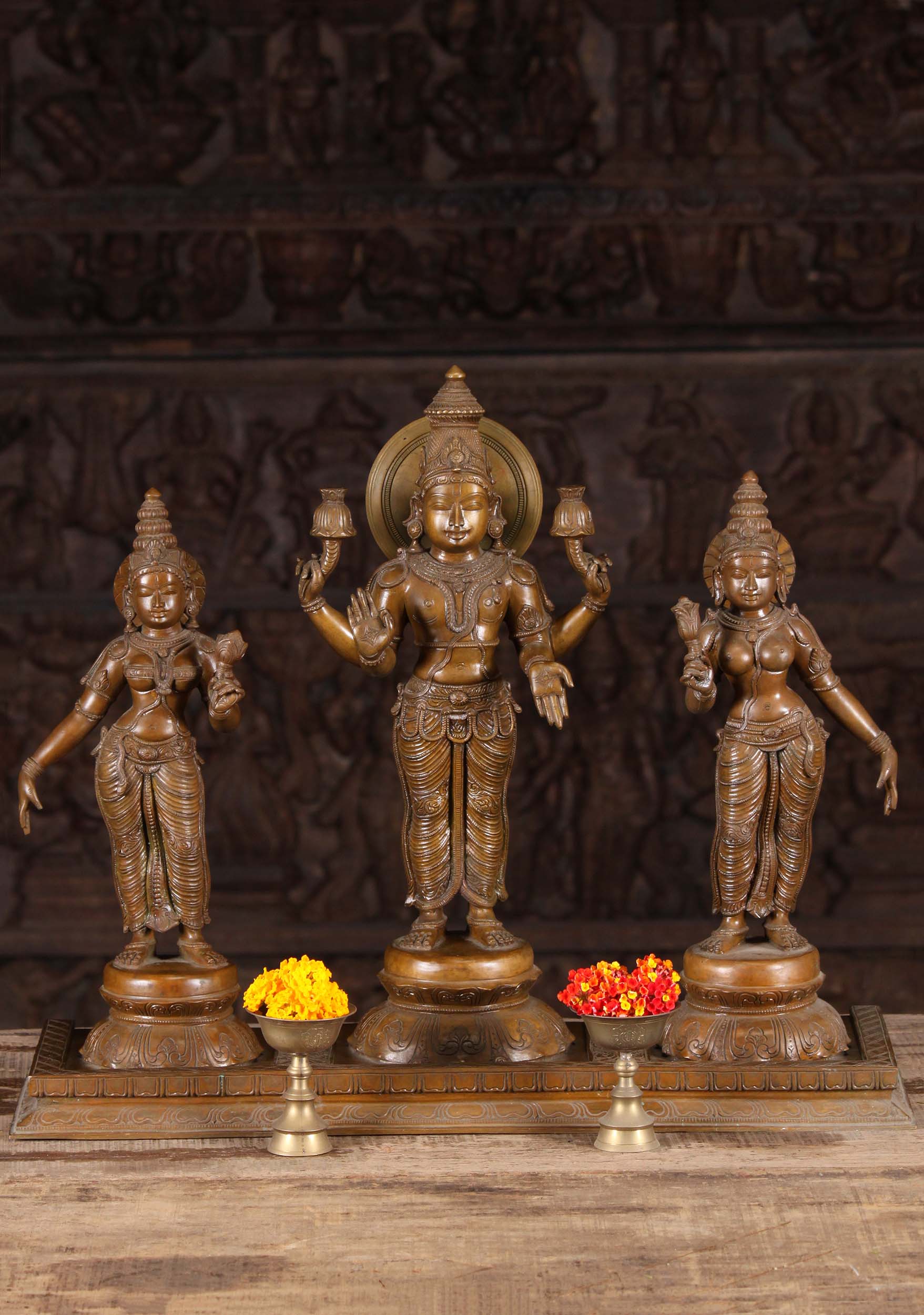 Bronze Statue of Hindu Sun God, Surya Holding Lotus Flowers & Consorts Saranyu & Chhaya 20"