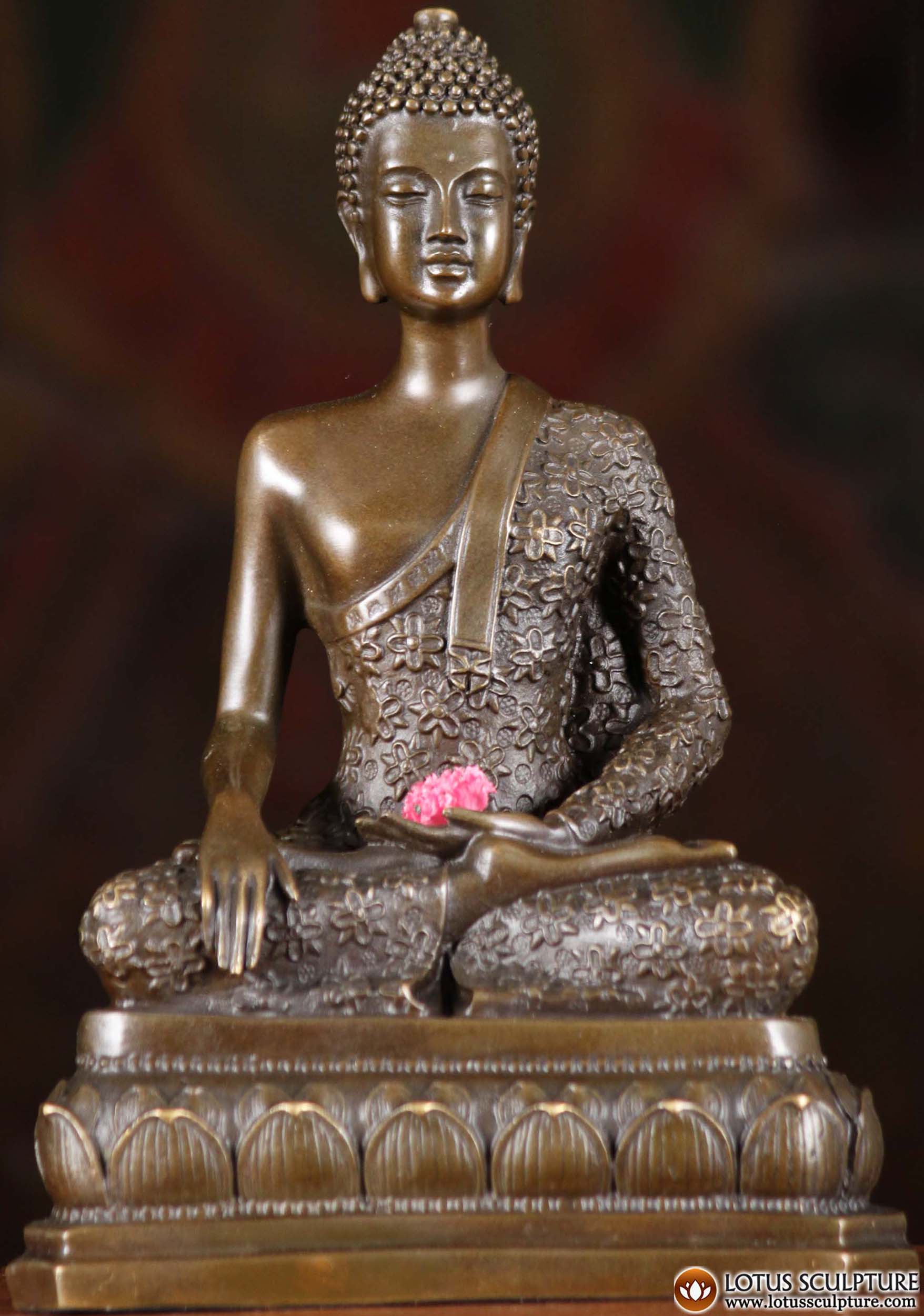 Bronze Skinny Touching Buddha Statue Wearing Robes Seated on Lotus 9" (#101cb64): Hindu Gods Buddha Statues