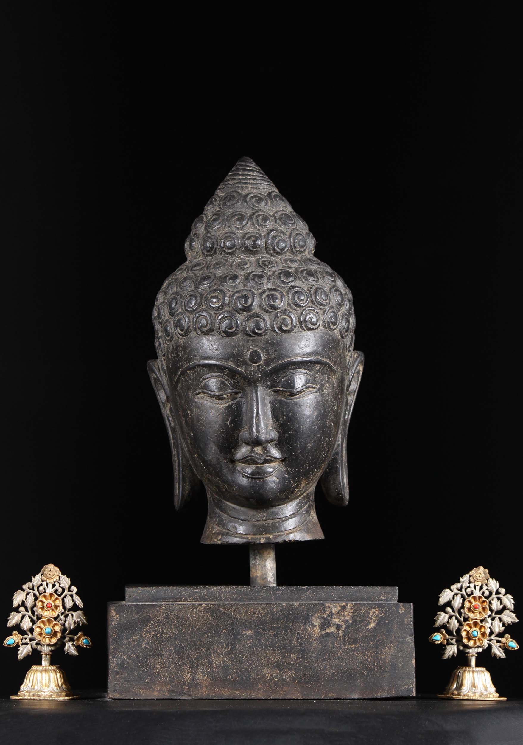 Stone Buddha Bust Sculpture on Stone Base 21"