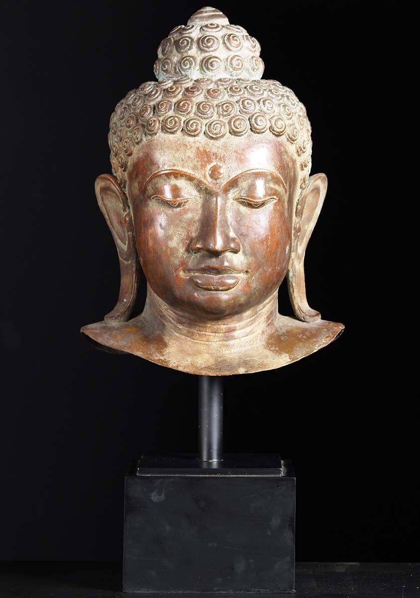 Brass Buddha Bust on Wooden Stand 23"