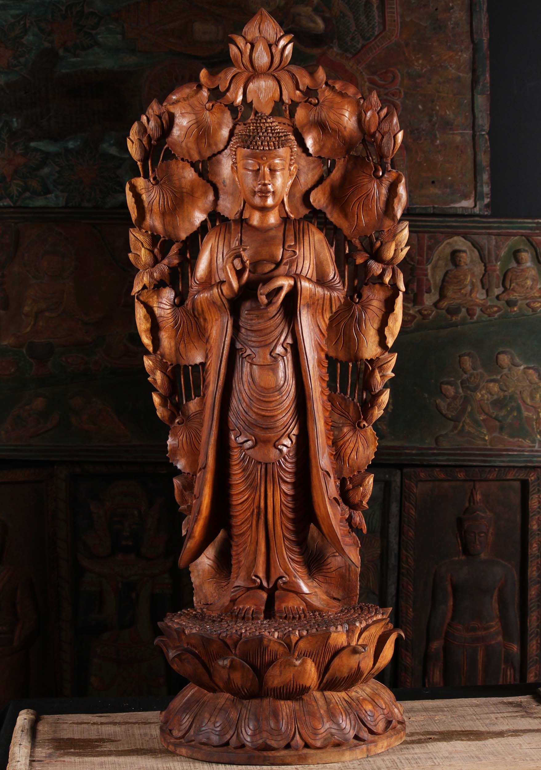 Wood Dharmachakra Buddha with Lily Pad Arch 45"