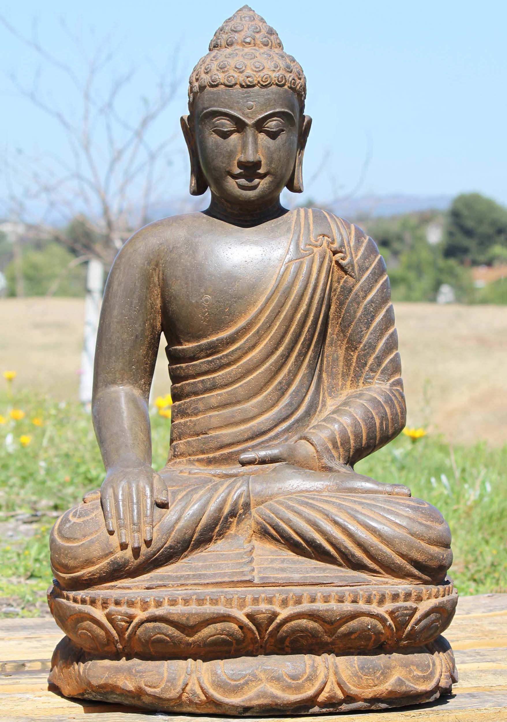 Stone Earth Touching Garden Buddha Statue 28"