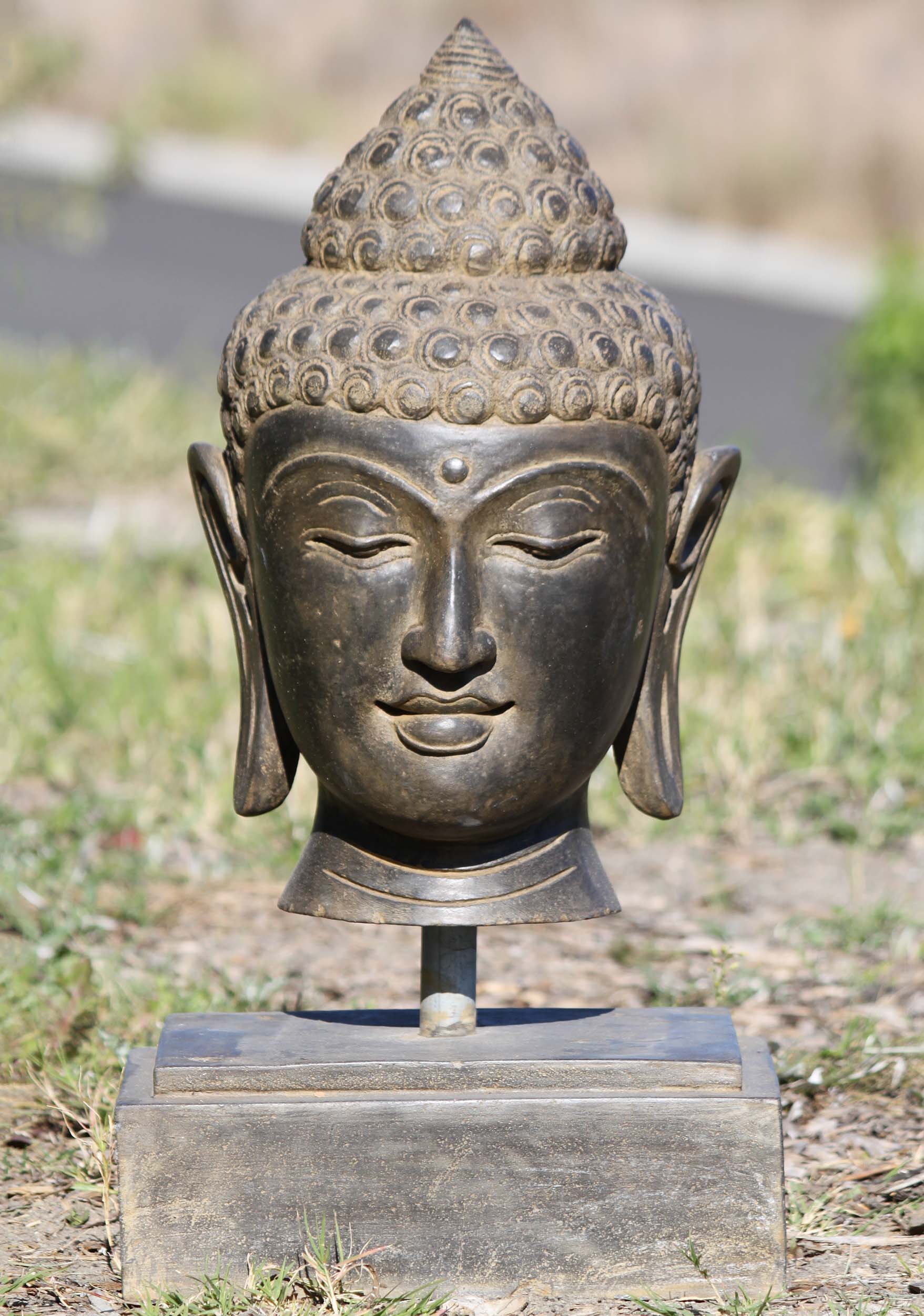 Smiling Stone Buddha Bust on Stone Base 22"