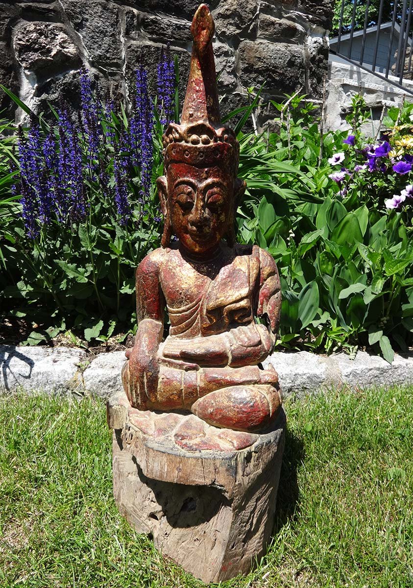 Antique Teak Wood Earth Touching Buddha Carving 23"