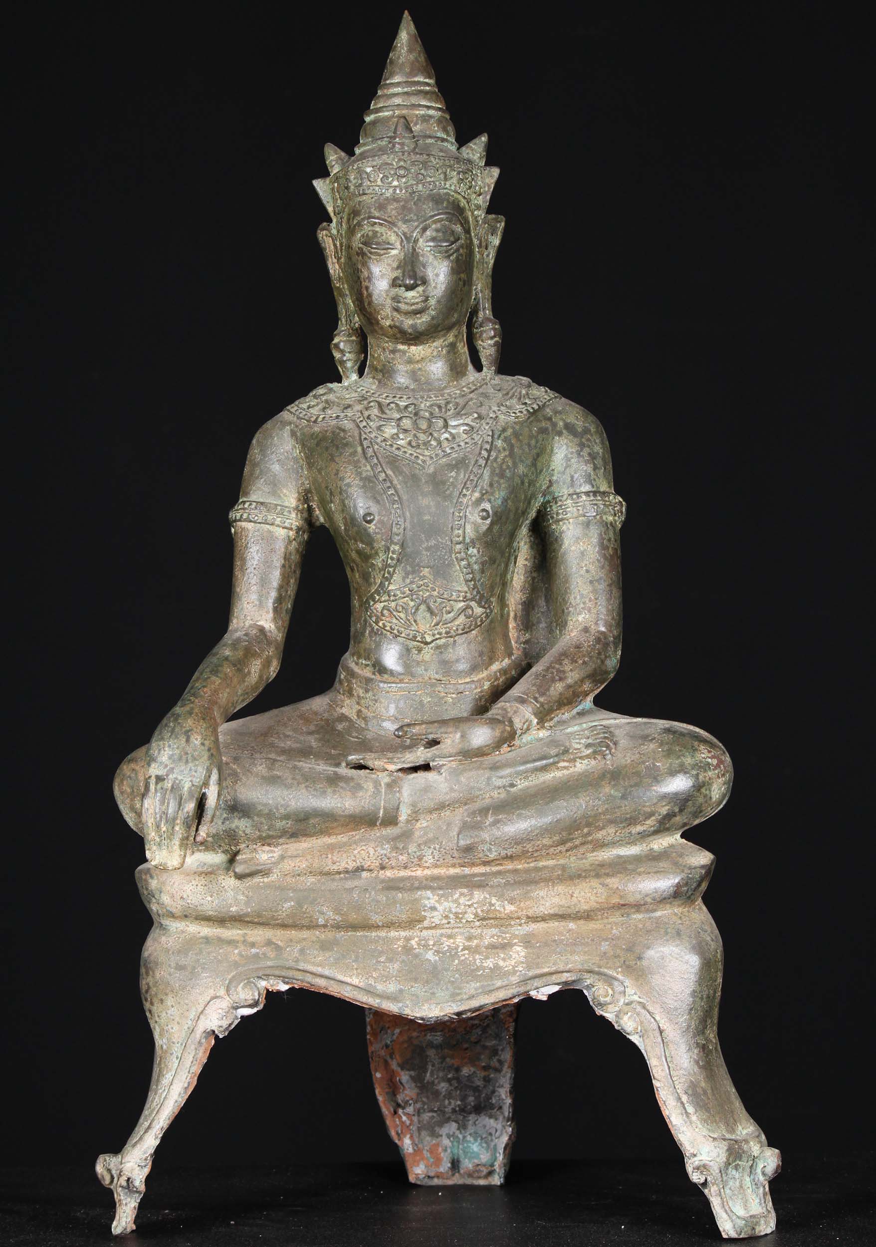 Brass Ayutthaya Thai Style Earth Touching Buddha Statue Seated on Unique Raised Base 27"