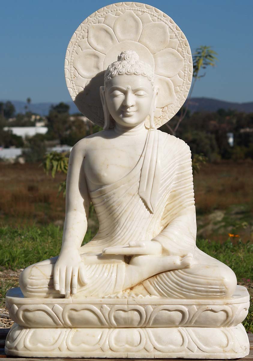 Buddha with Halo White Marble Sculpture 37"