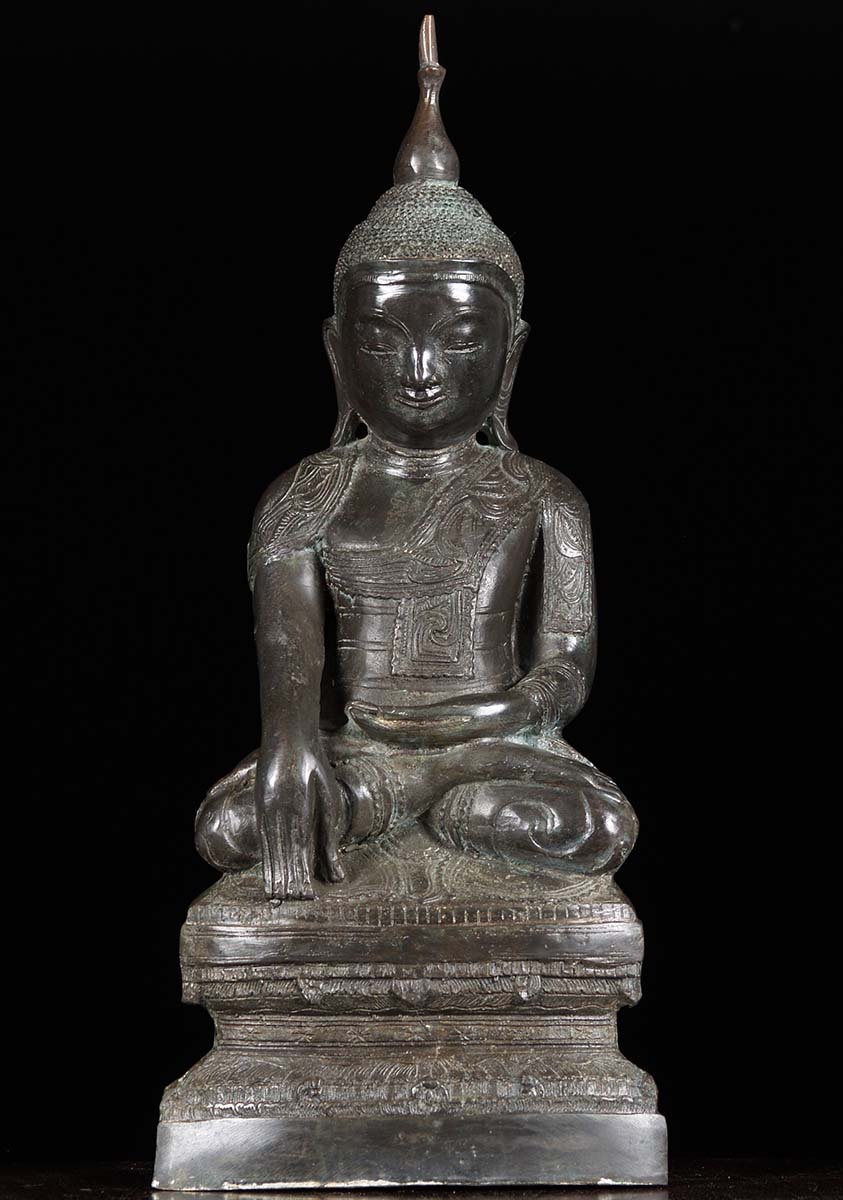 Thai Brass Seated Earth Touching Lanna Buddha Sculpture on Tall Base 24"