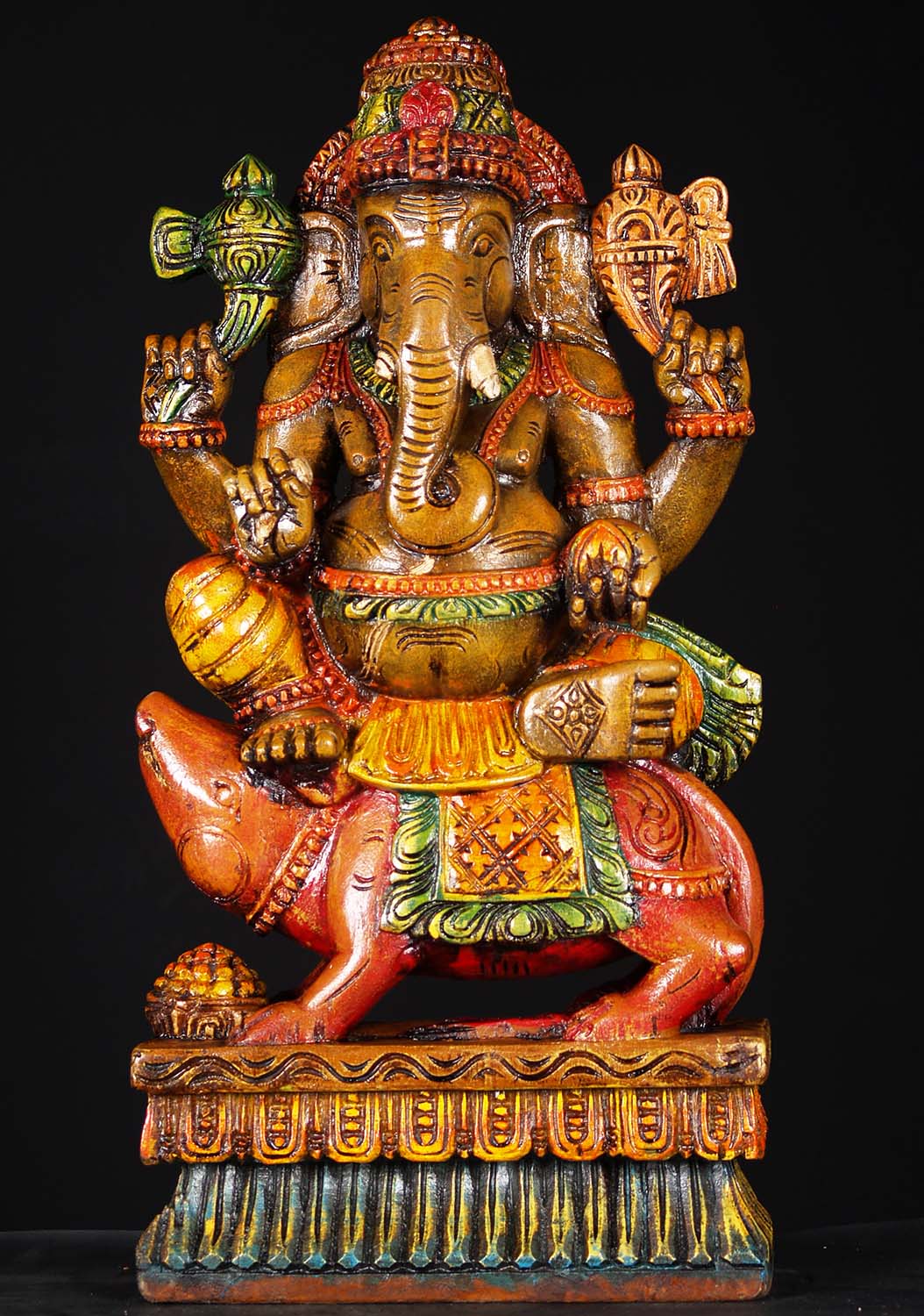 Wooden Ganesh Seated on Mooshika the Rat 24"