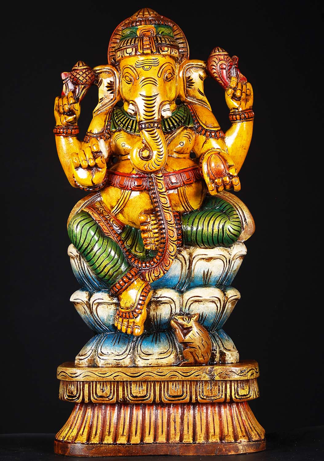 Wooden Ganesh Seated on Triple Lotus Base 24"