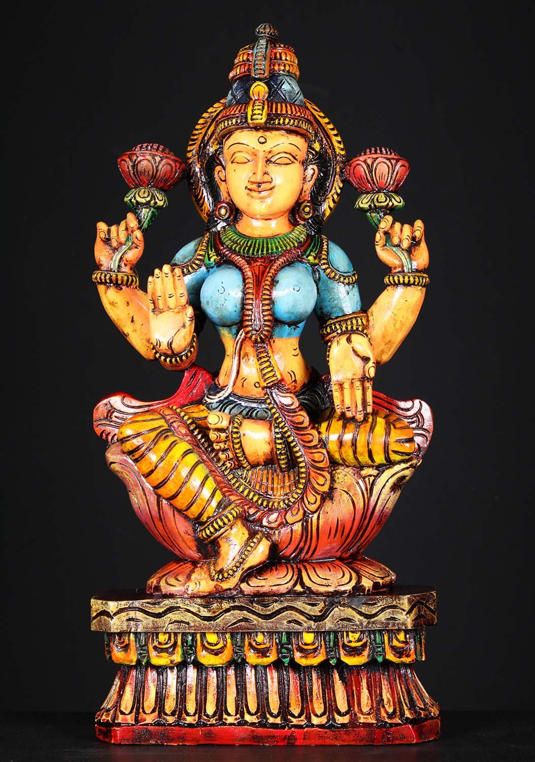 Wooden Painted Lotus Lakshmi Statue 24"