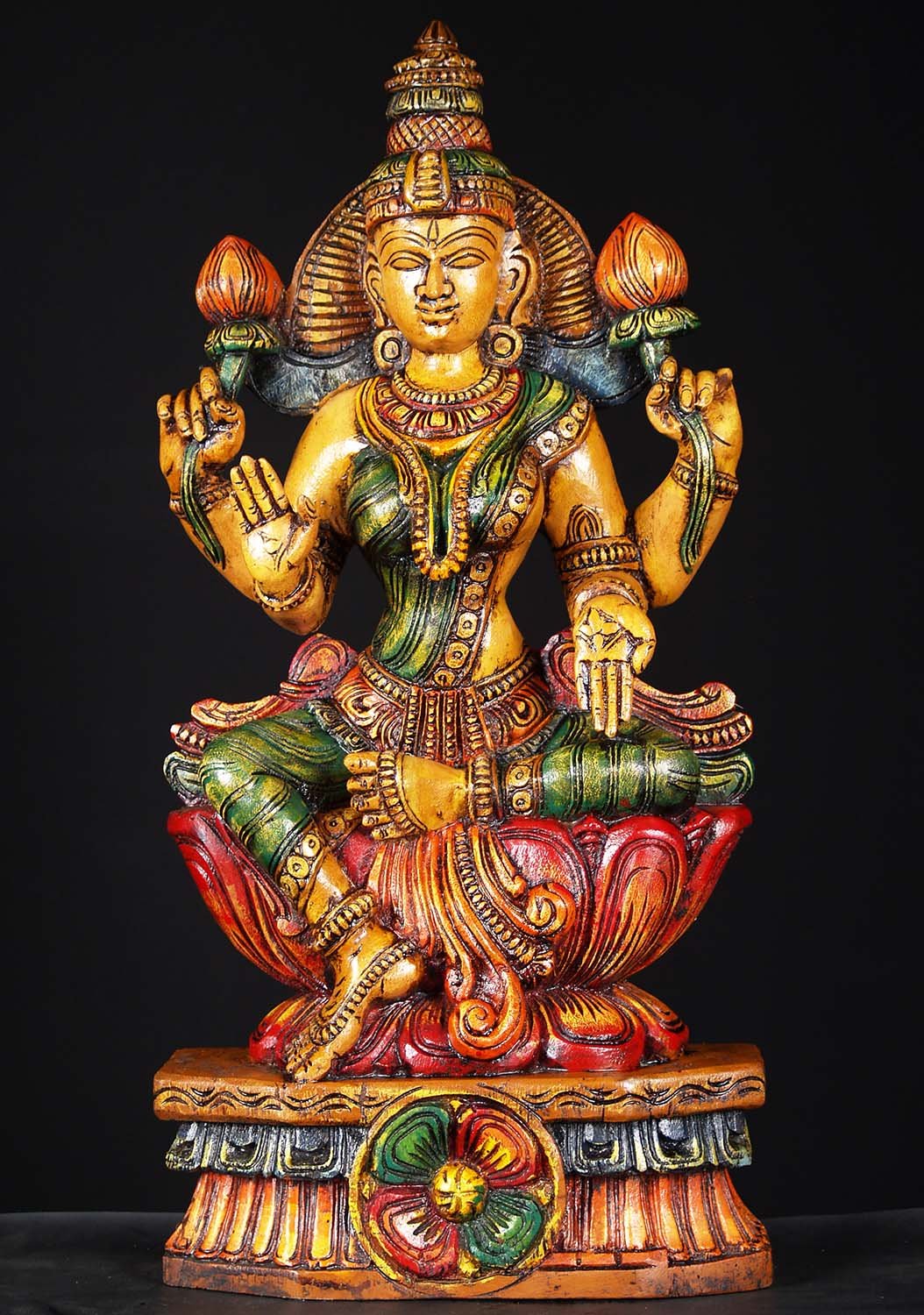 Wooden Lotus Lakshmi Statue 24"