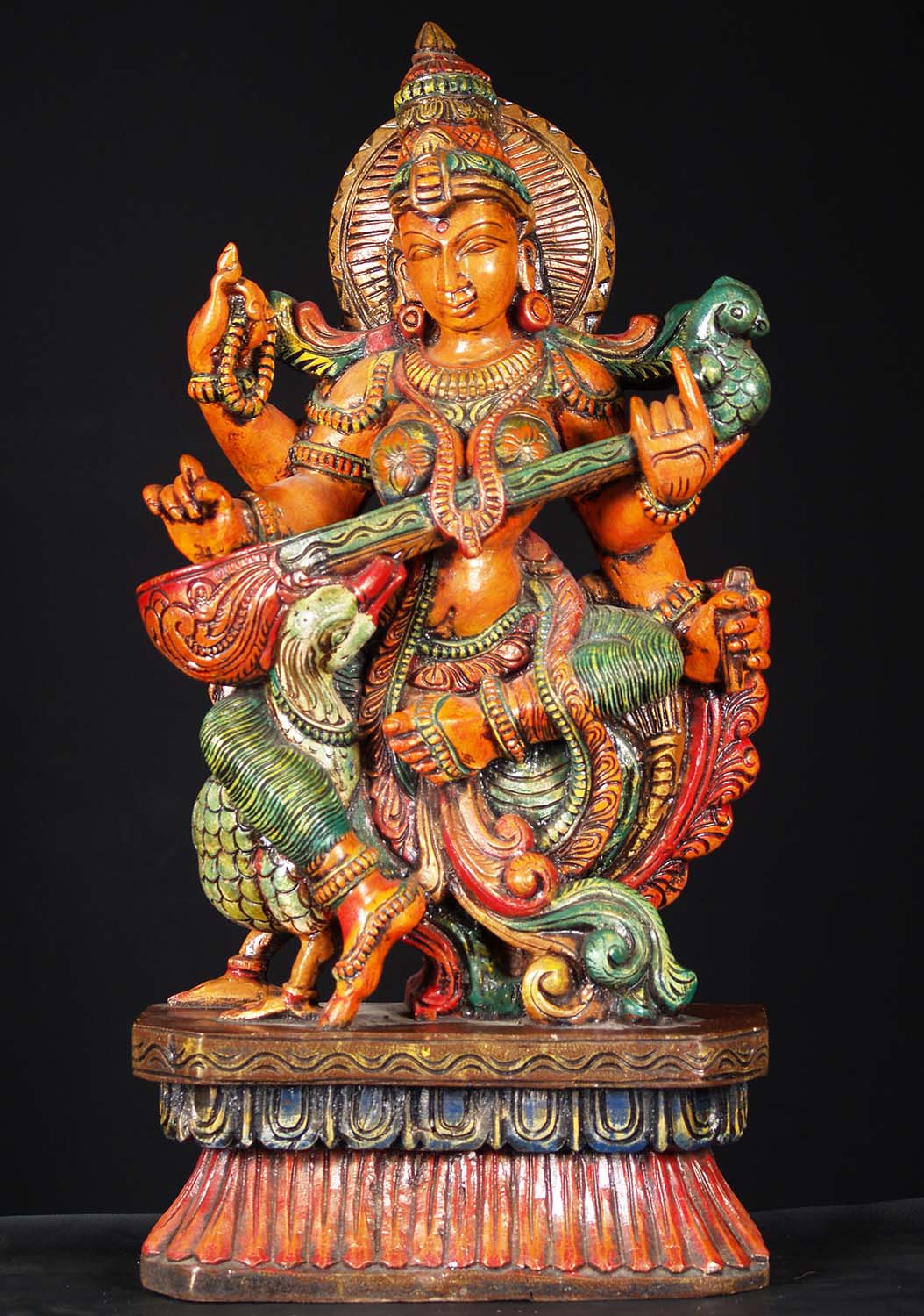 Color Saraswati Wood Statue 24"