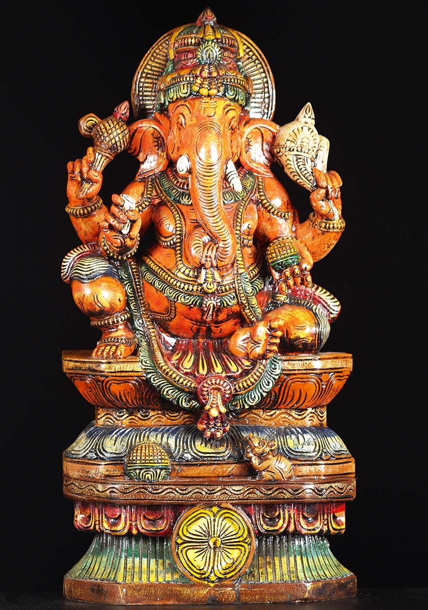 Colored Ganapathi Wooden Statue 30"