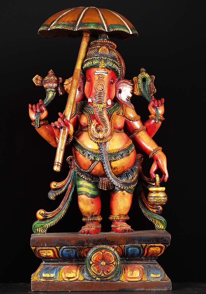 Wooden Colored Ganesh Holding Umbrella 36"