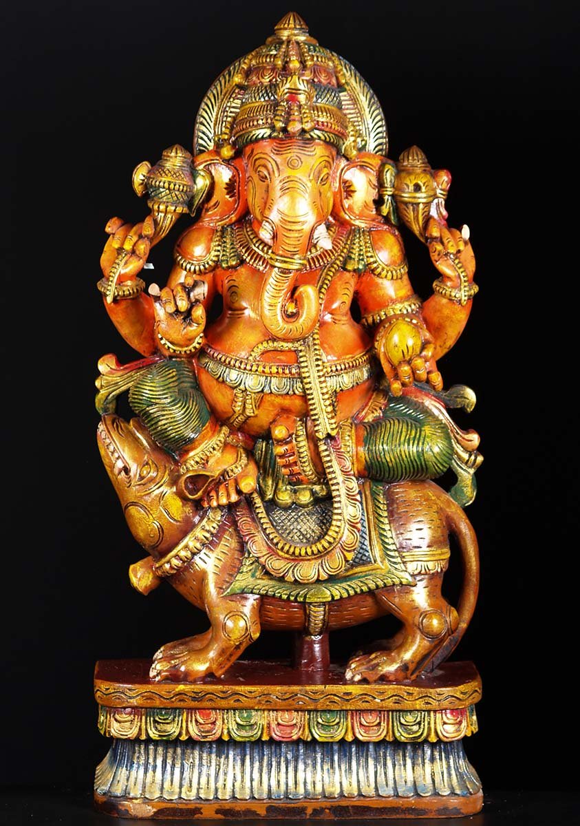 Wooden Ganesh On Rat Sculpture 36"