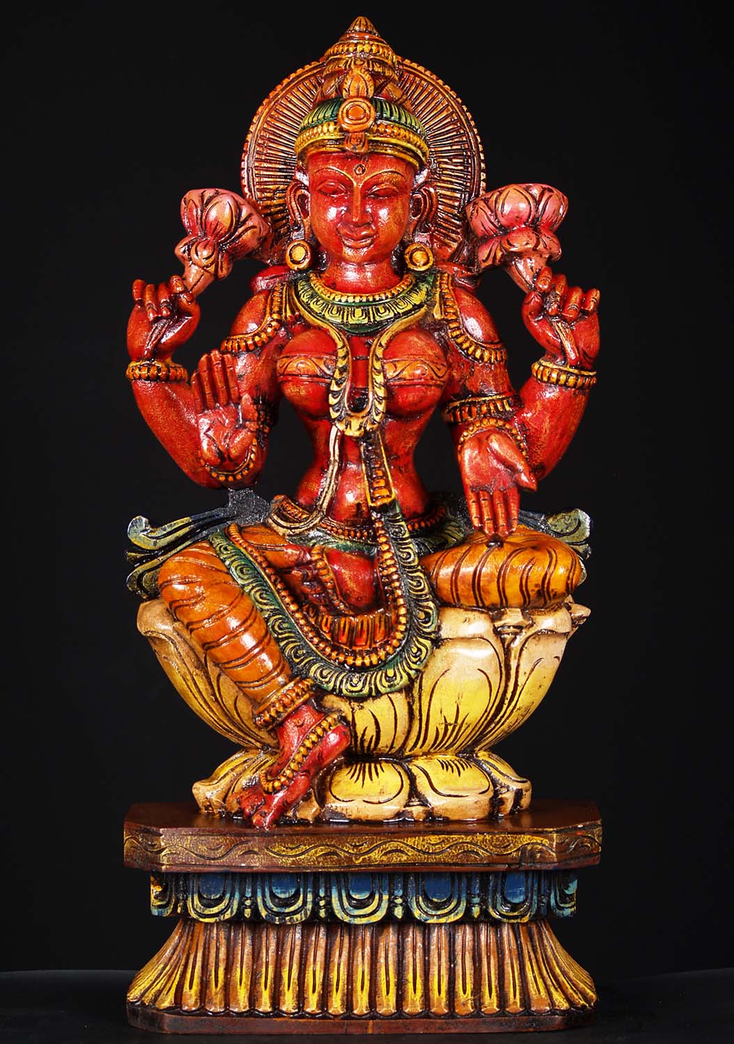 Wooden Lotus Lakshmi Statue 24"