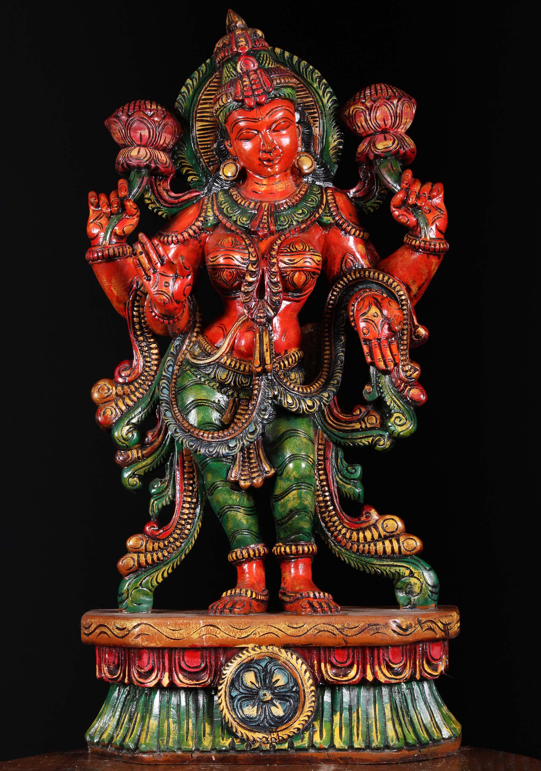 Wood Standing Lakshmi Holding Lotus 30"