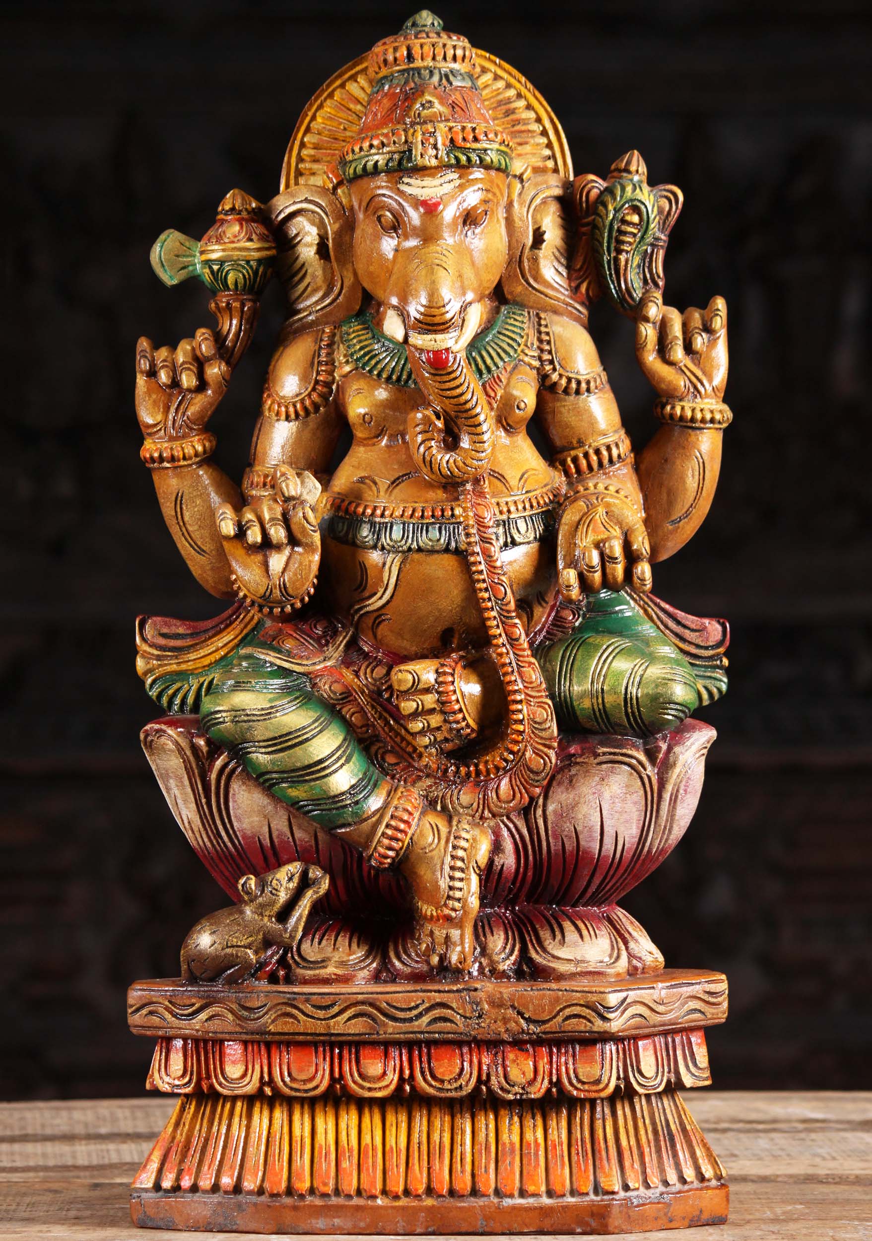 Wood Seated Ganesh with Mooshika Statue 24"