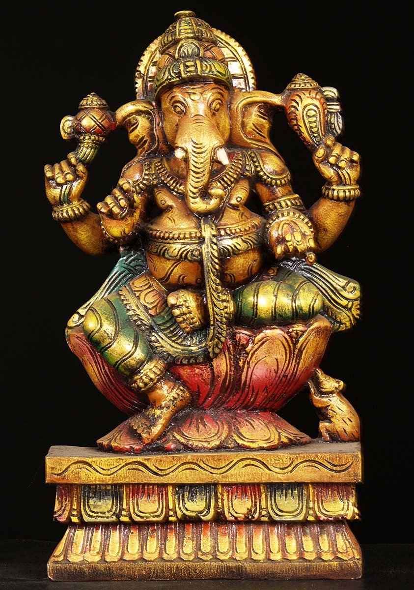 Wooden Seated Ganesha Sculpture 18"