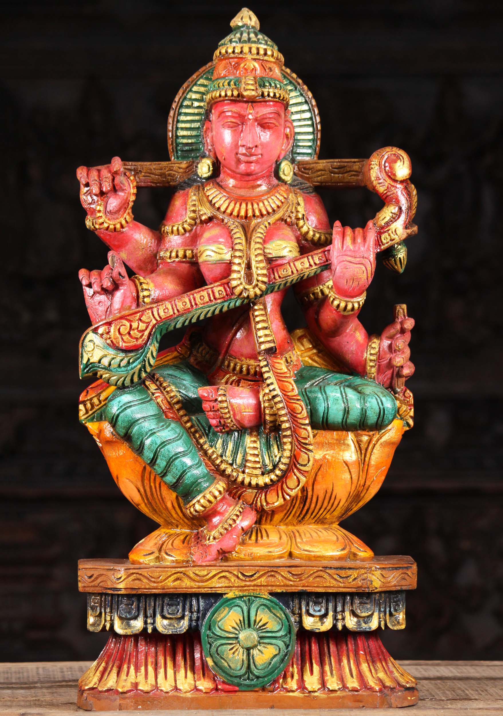 Hand Carved Wooden Statue of the Hindu Godess of Wisdom Saraswati Playing the Veena 24"