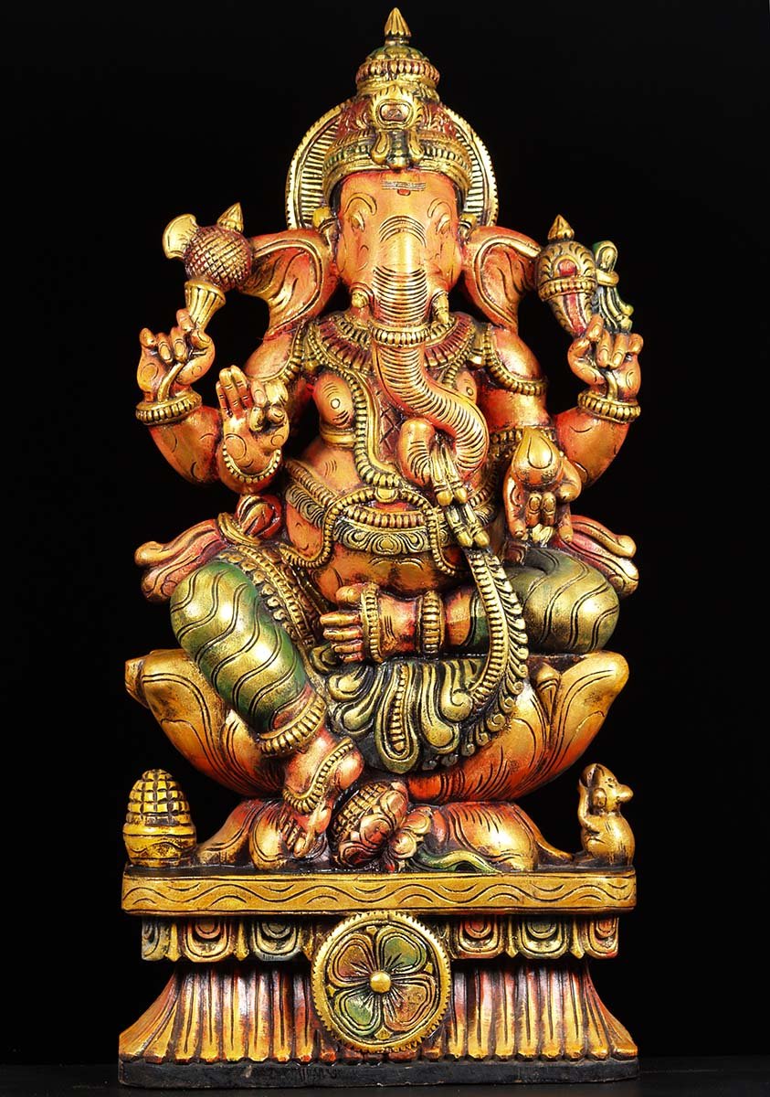 Wooden Colorful Ganesha with Rat  37"