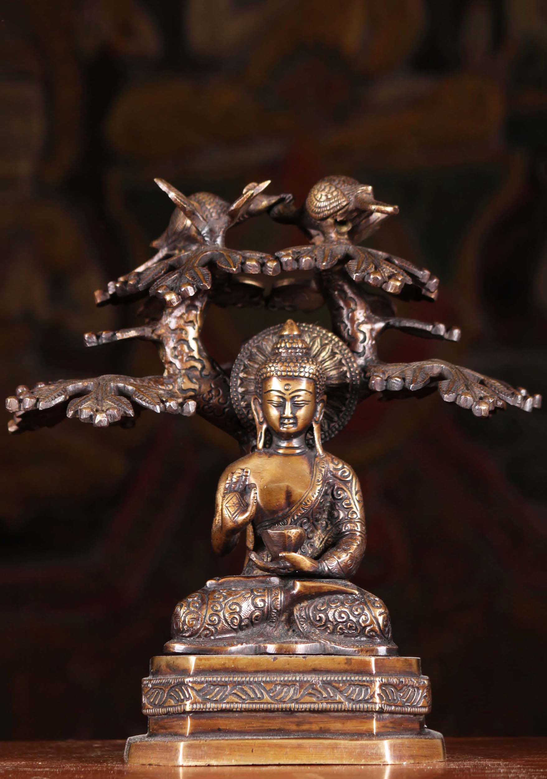 Buddha Brass Teaching Statue with Alms Bowl Under Tree with Roosting Peacocks 9"