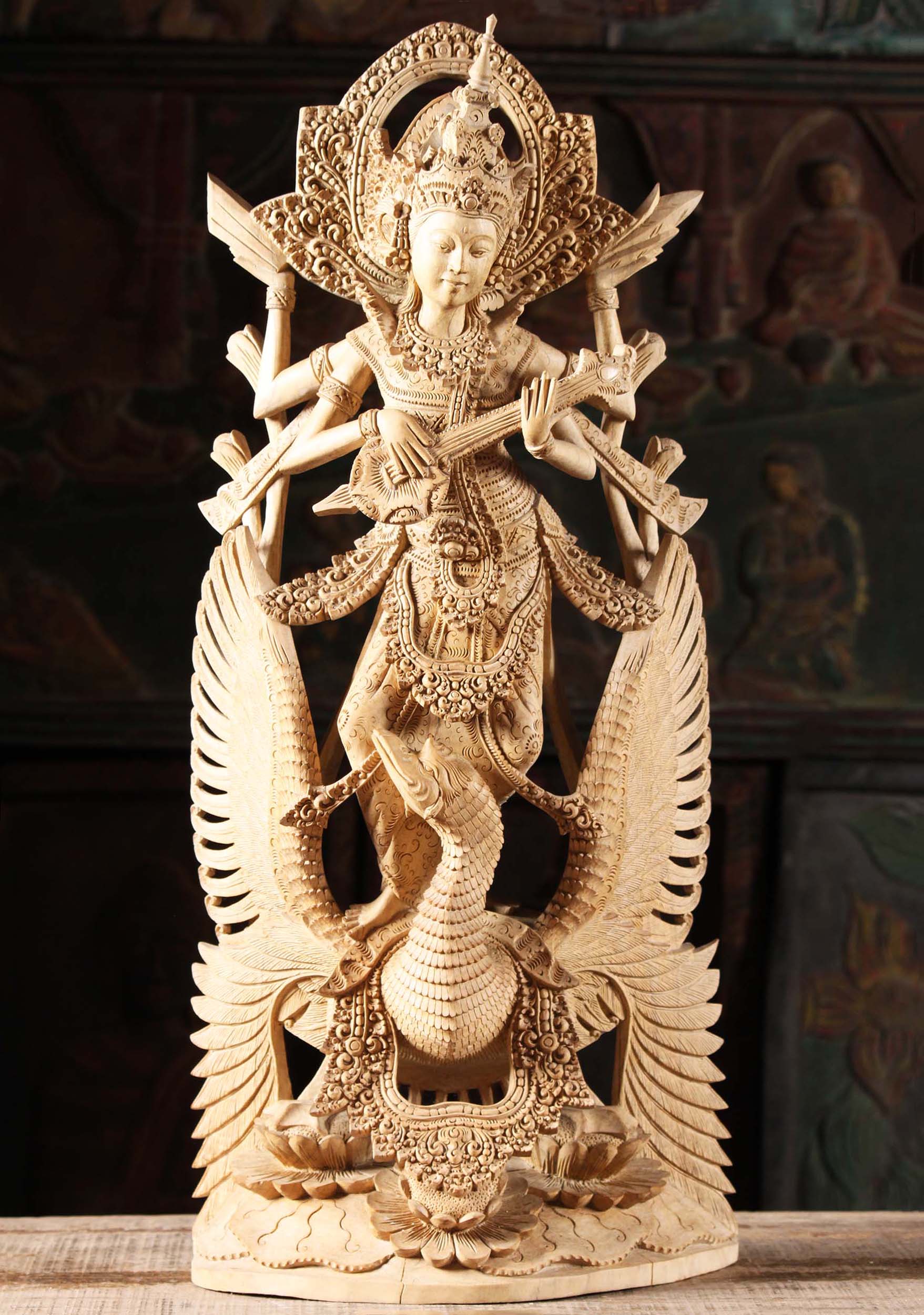 Crocodile Wood Saraswati Statue With Swan 24"