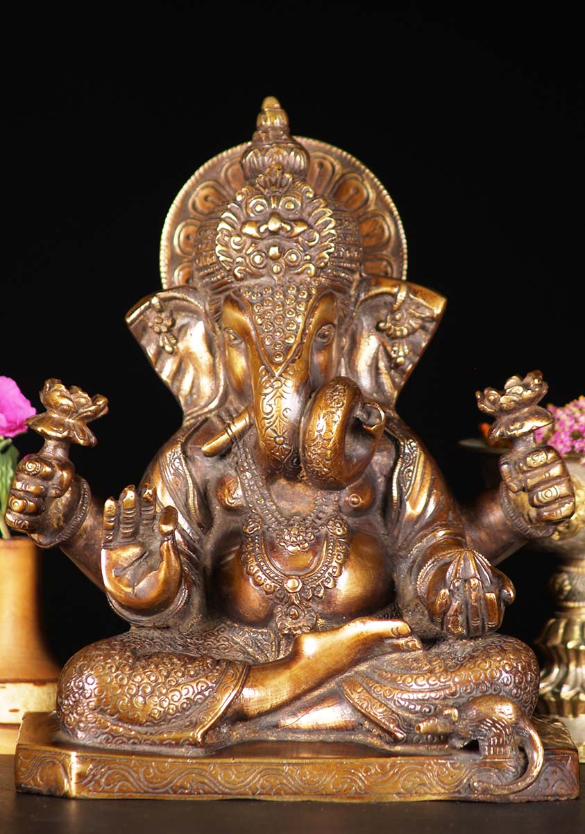 Brass Ganesh Curled Trunk & 2 Lotus Flowers Seated in Vitarka Teaching Mudra 9"