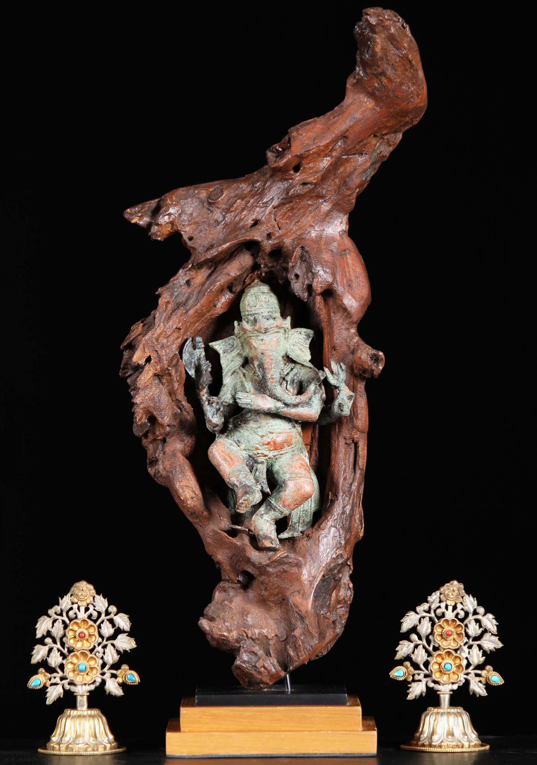 Brass Dancing Ganesh In Natural Wood 21"