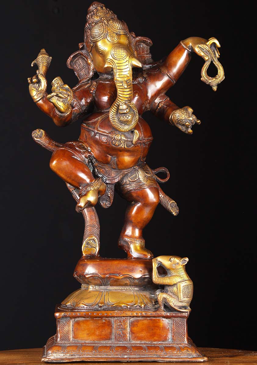 SOLD Dancing Brass Ganesh With Rat 23" (#61bs14d): Hindu Gods & Buddha